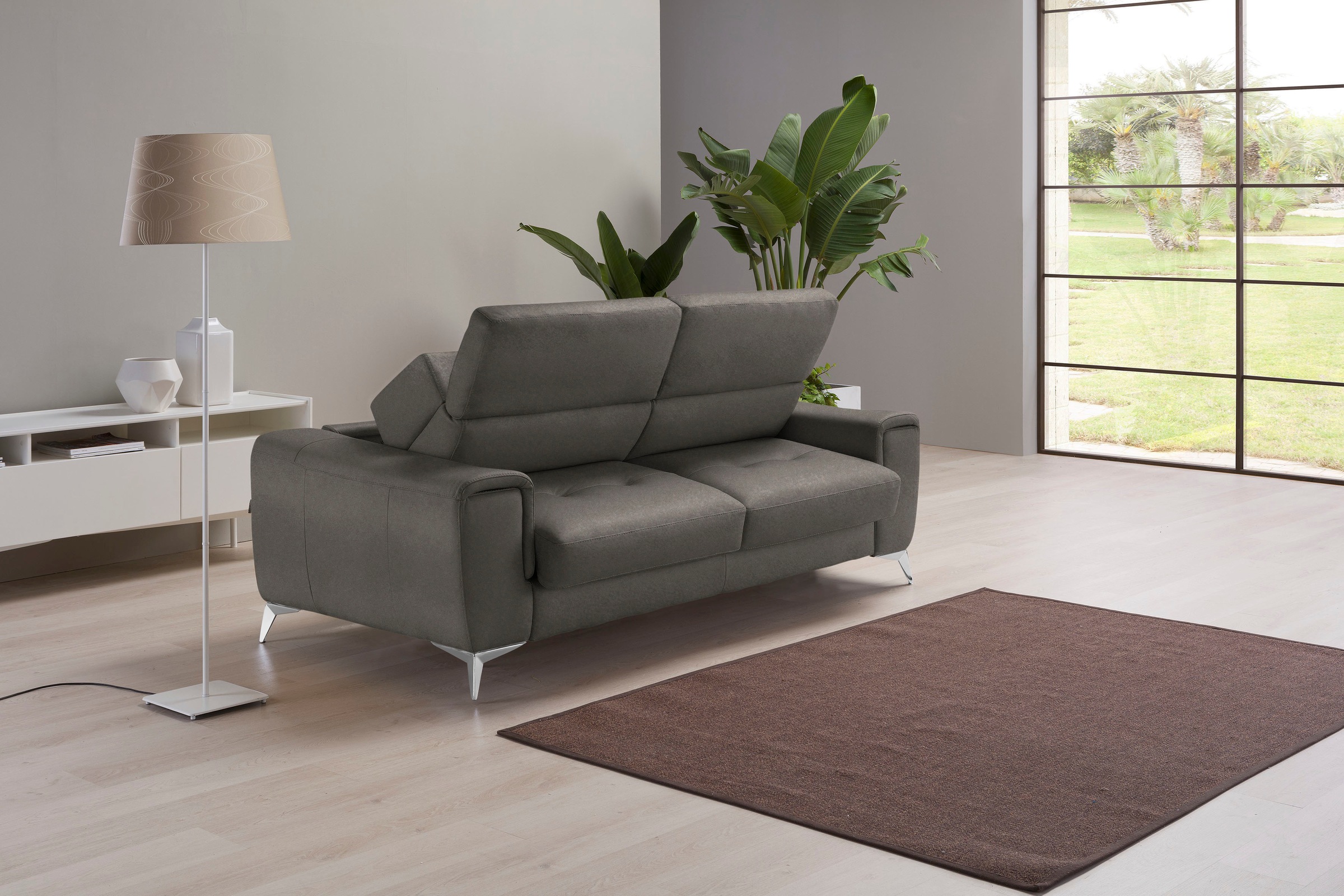 Image of Egoitaliano Schlafsofa "Francine Designsofa, Loungesofa mit Dauerschlaffunktion, Breite 233 cm" mit Bettfunktion, Luxus-Microfaser Lederoptik, smoke, Fussfarbe chrom