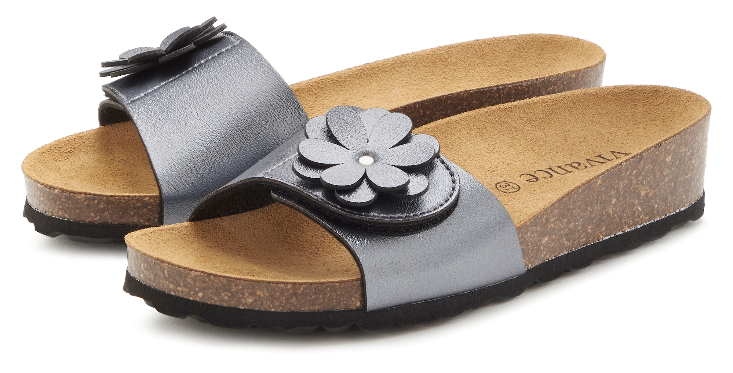 Image of Vivance Pantolette "Mule, Sandale, offener Schuh, Sommerschuh," mit Komfortkorkfussbett aus Leder und dezentem Keilabsatz