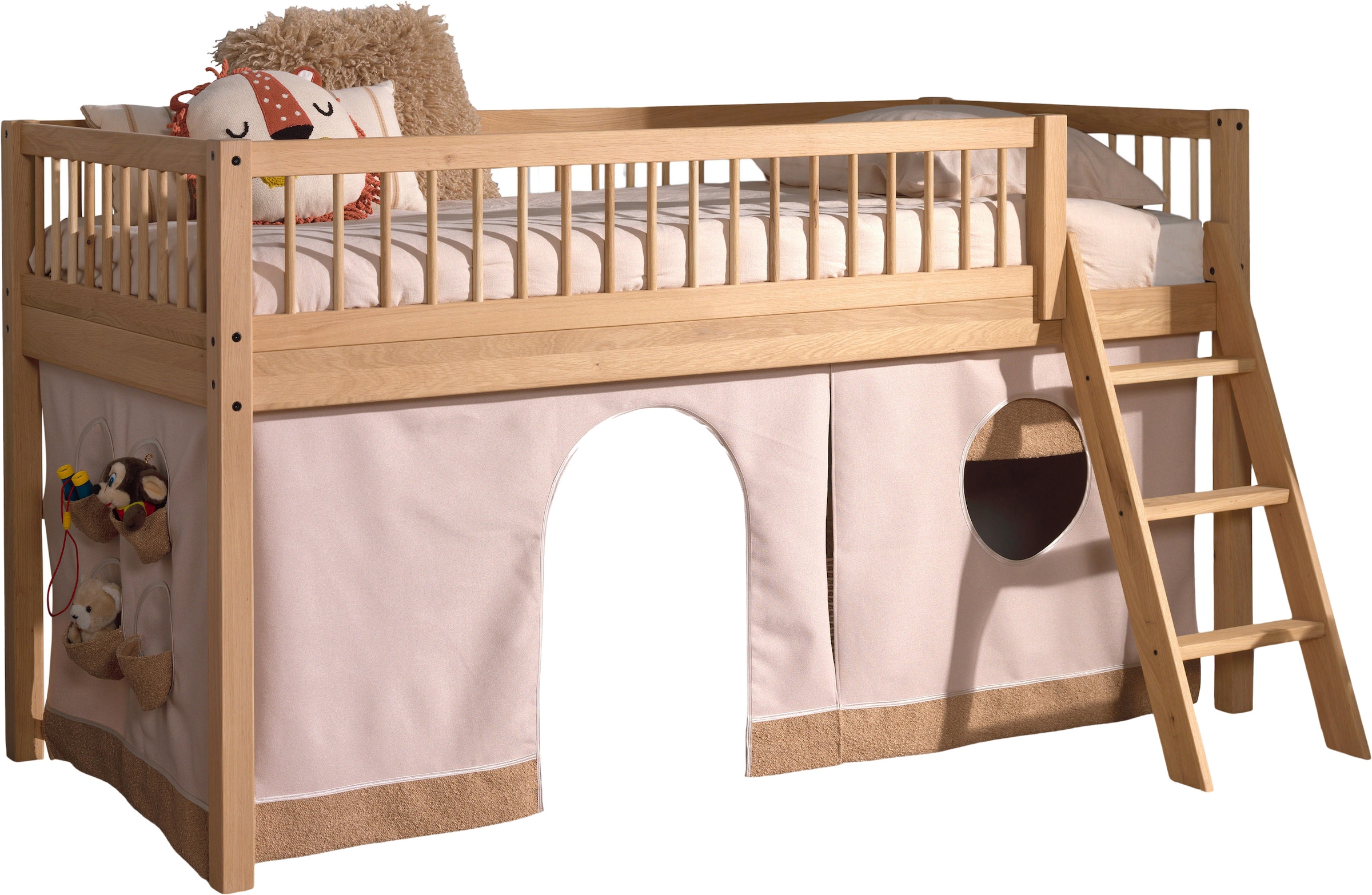 Vipack Spielbett Made in Europe,  aus Eiche geölt, LF 90x2000cm, RR, Leiter, Vorhang u. Absturzschutz