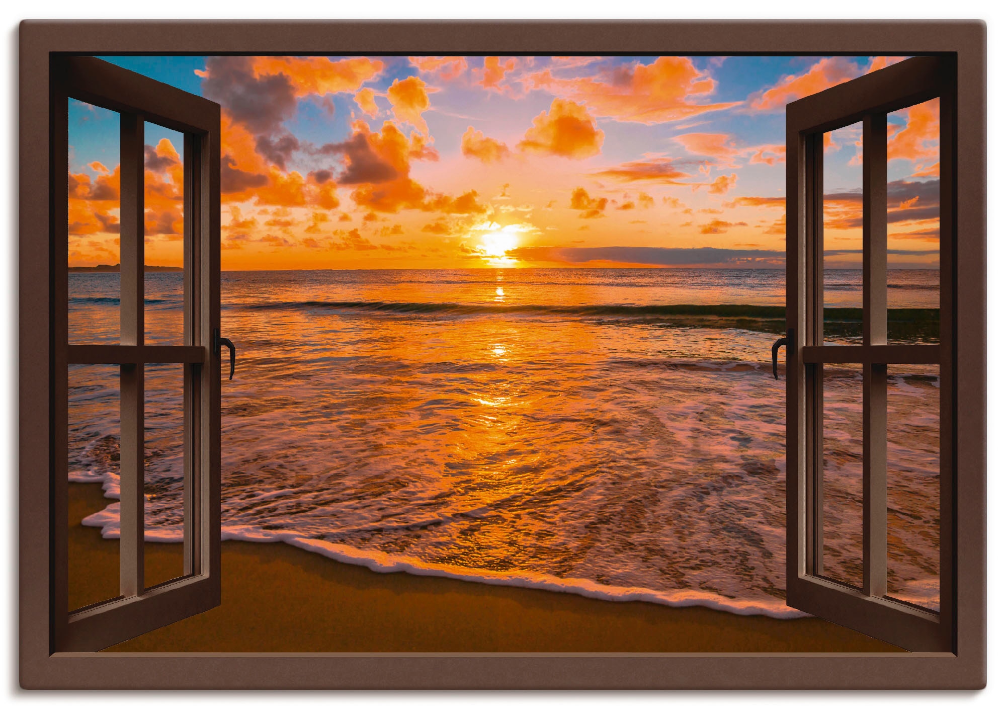 Artland Wandbild »Fensterblick kaufen in Sonnenuntergang versch. (1 Poster Sonnenaufgang St.), oder & jetzt -untergang, Grössen Strand«, als Wandaufkleber Leinwandbild, am