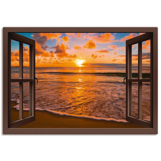 Artland Wandbild »Fensterblick Sonnenuntergang am Strand«, Sonnenaufgang &  -untergang, (1 St.), als Leinwandbild, Wandaufkleber oder Poster in versch.  Grössen jetzt kaufen