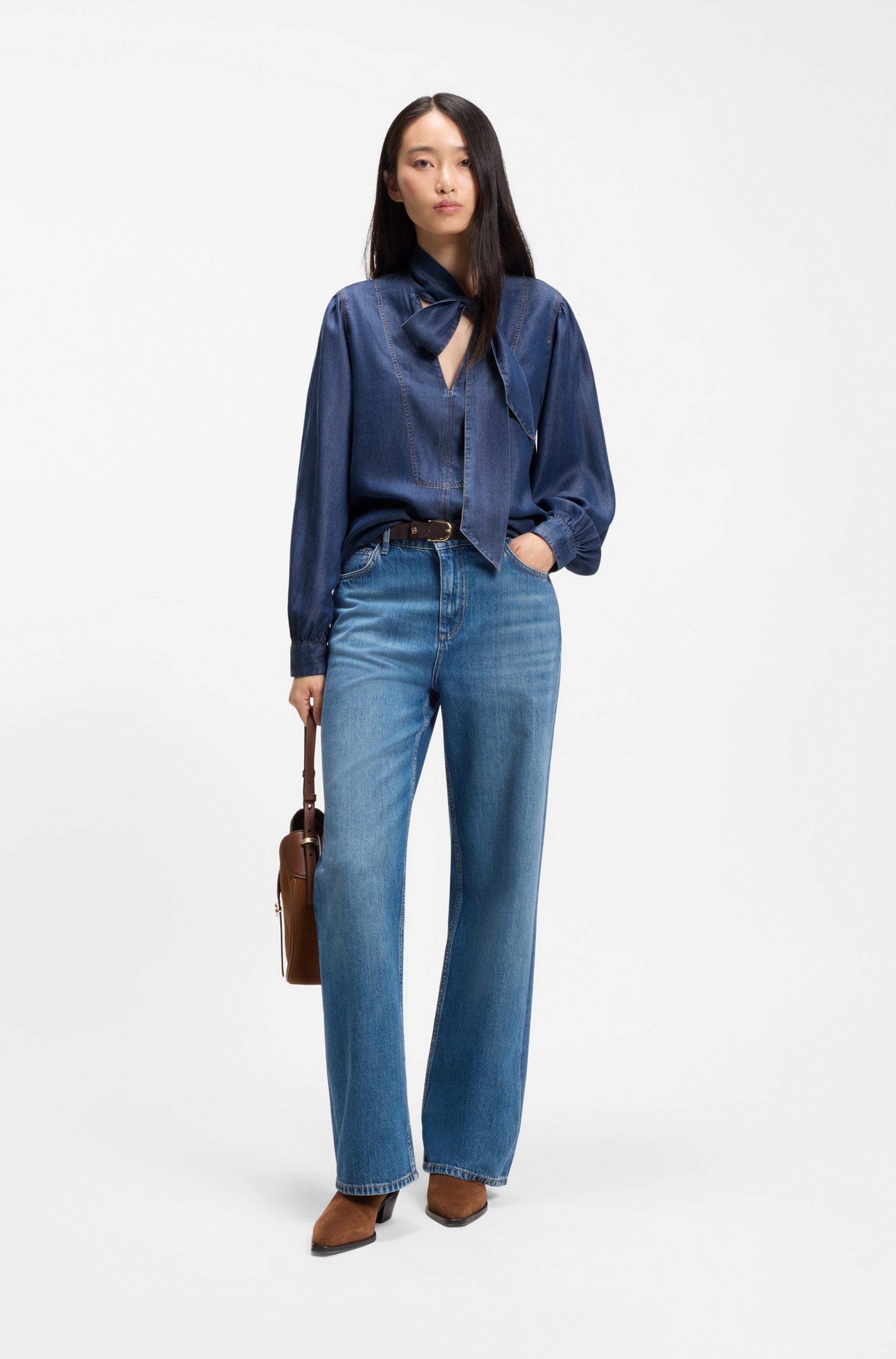BOSS ORANGE Blouse à manches longues »Betilla Premium Damenmode« mit Schal-Detail, Denim-Look