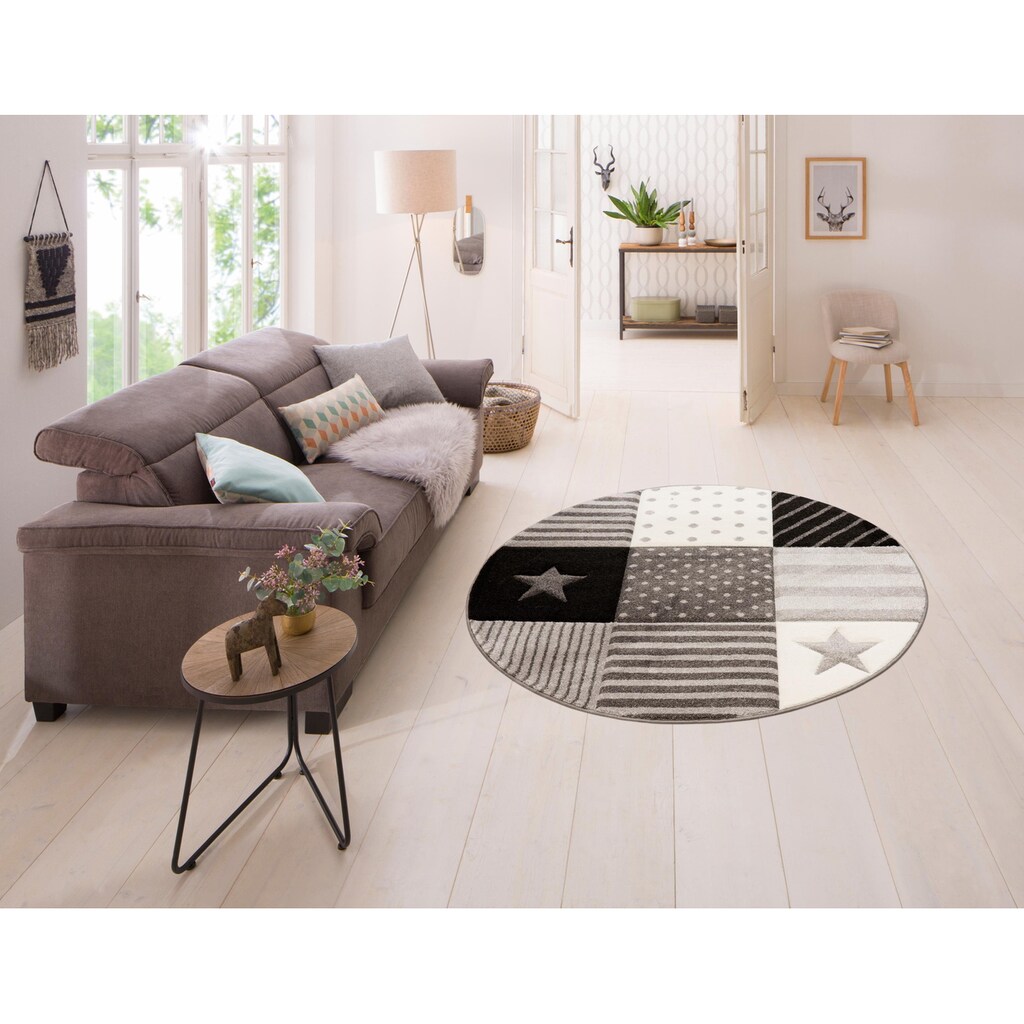 Lüttenhütt Kinderteppich »Stern«, rund, Kurzflor-Teppich, handgearbeiteter Konturenschnitt, Patchwork-Design