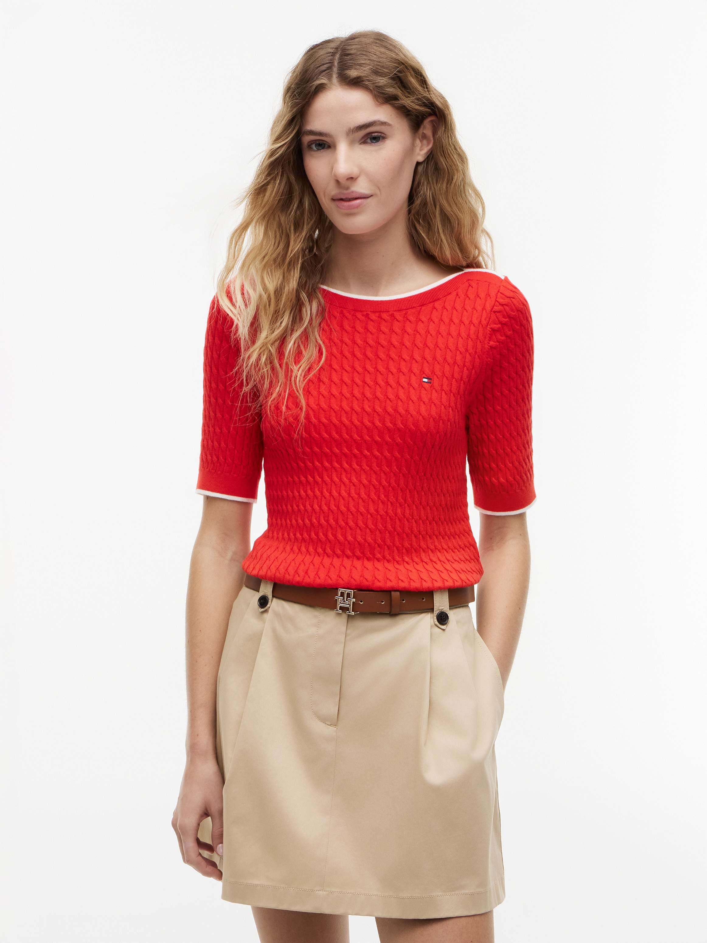 Tommy Hilfiger Kurzarmpullover »FINE GG CABLE BOAT NK S/S« Baumwolle, mit Zopfstrickmuster
