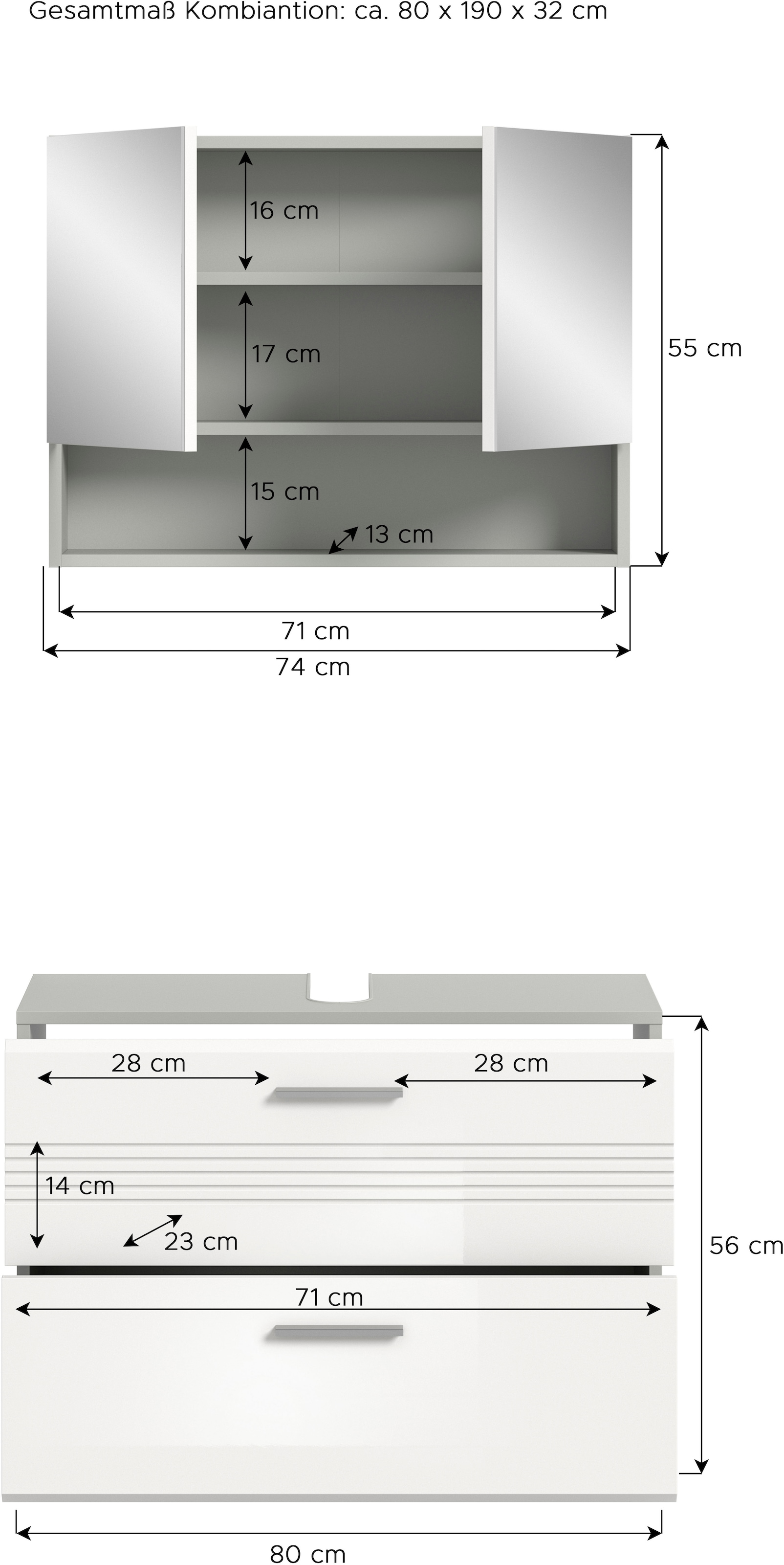 welltime Badmöbel-Set »Calicio, bestehend aus: Waschbeckenunterschrank, Spiegelschrank« 2 Stk. tlg.
