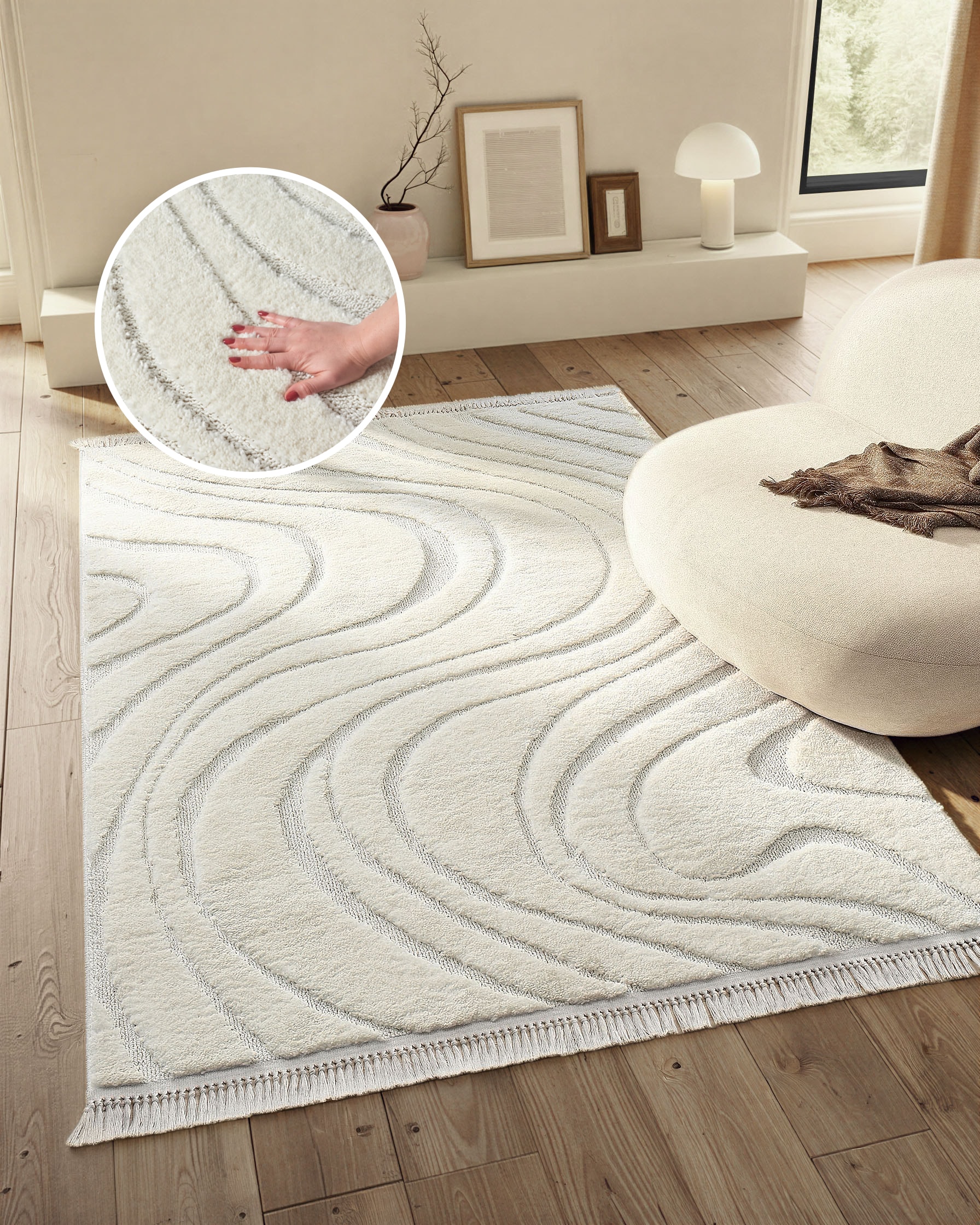 homsy by Ana Johnson Tapis »Waavy mit Fransen, Wellen Design« Rectangulaire 20 mm Höhe Boho, 3D Optik, Scandi, Hoch-Tief, Wohnzimmer, Schlafzimmer