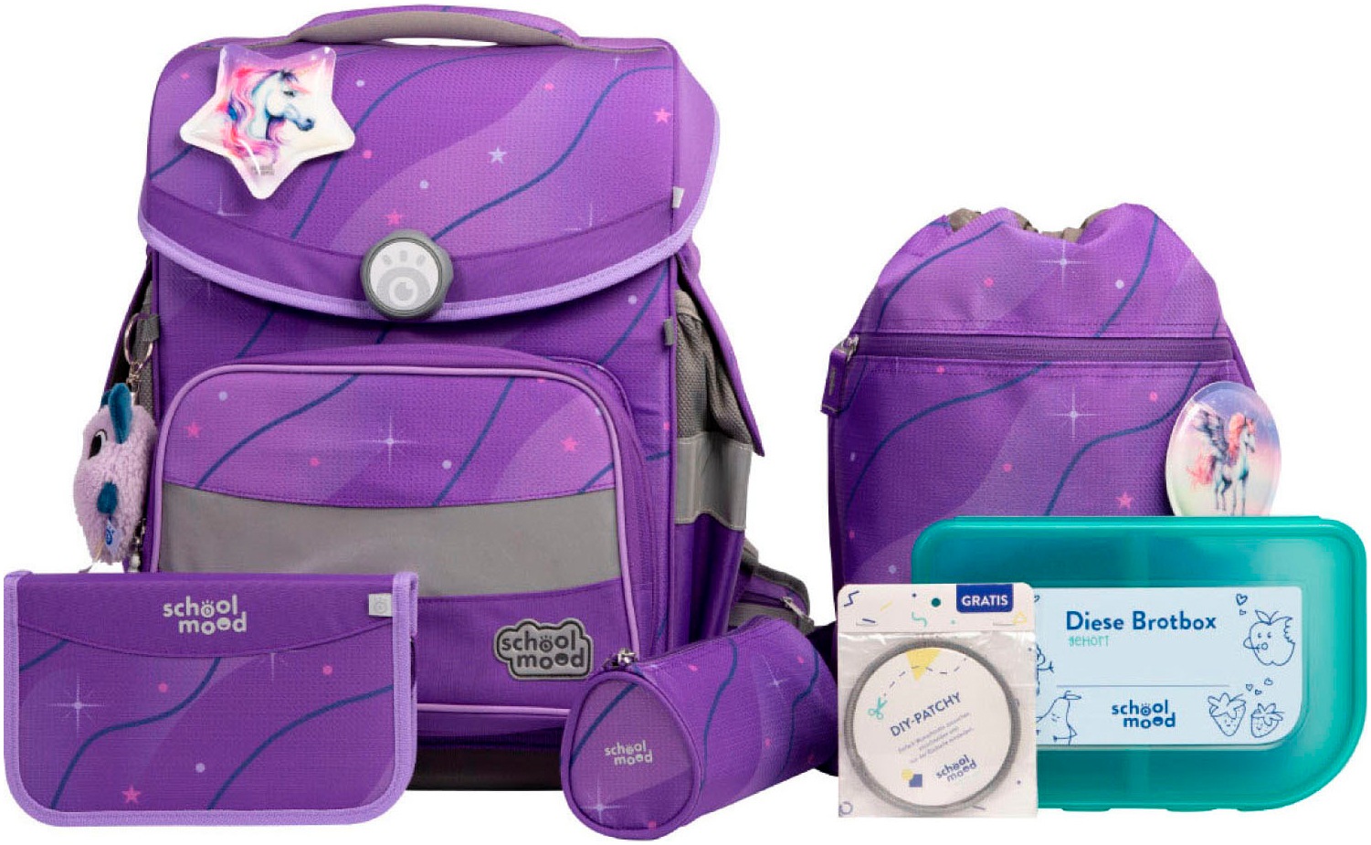 School-Mood, Unisex, SCHOOL-MOOD Schulranzen »Timeless Pro« retroreflektierende Flächen, marie (pegasus) mit moodie willi wissbegier, B/H/T: 36cm x 