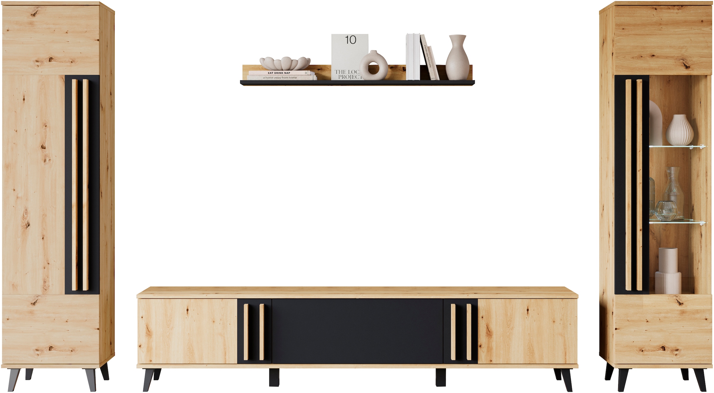 Home affaire Wohnwand »Helsinki, Modernes Set mit verglaster Vitrine« Komplett-Set, 4 Stk. tlg.