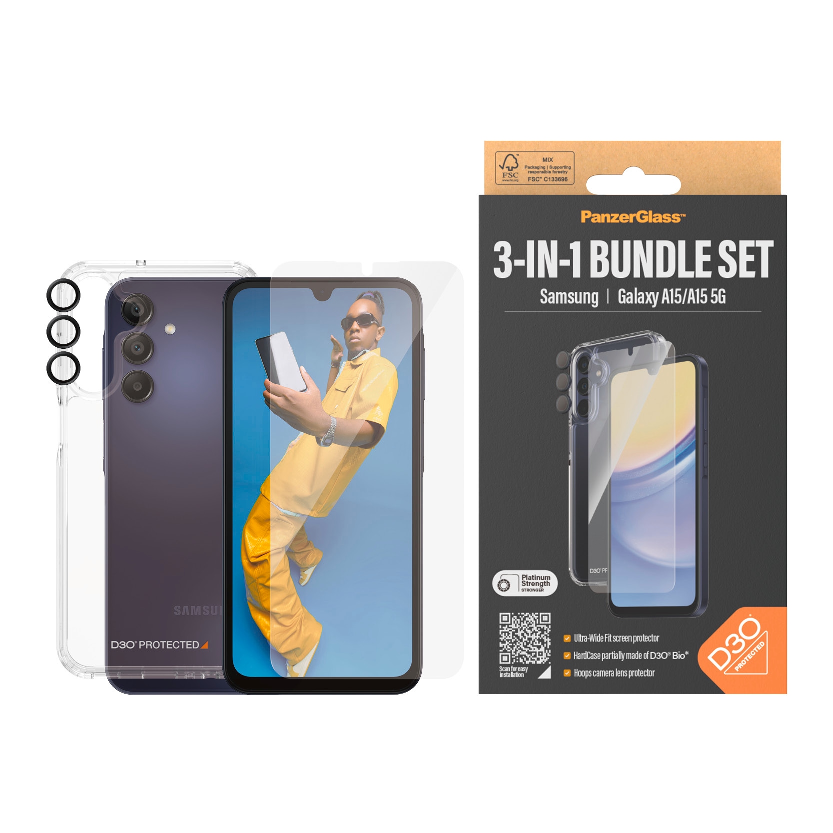 Image of PanzerGlass Displayschutzglas "3-in-1 Bundle Set Ultra Wide Fit mit D3O" für Samsung Galaxy A15;Samsung Galaxy A15 5G Displayschutzfolie, Displayschutz, 360 Rundumschutz, mit D3O