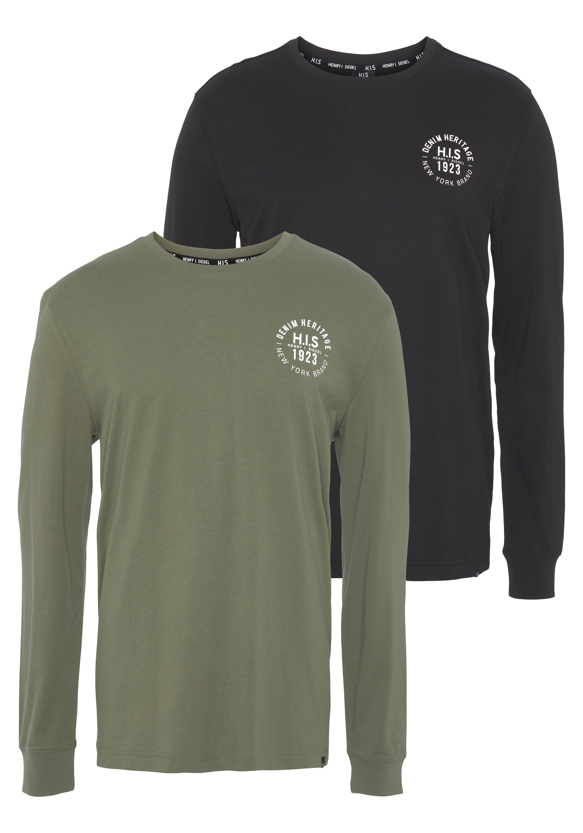 Image of H.I.S Langarmshirt Packung, 2er-Pack, 2 Stk. Langarm, bedruckt, Rundhalsausschnitt, aus 100% Baumwolle