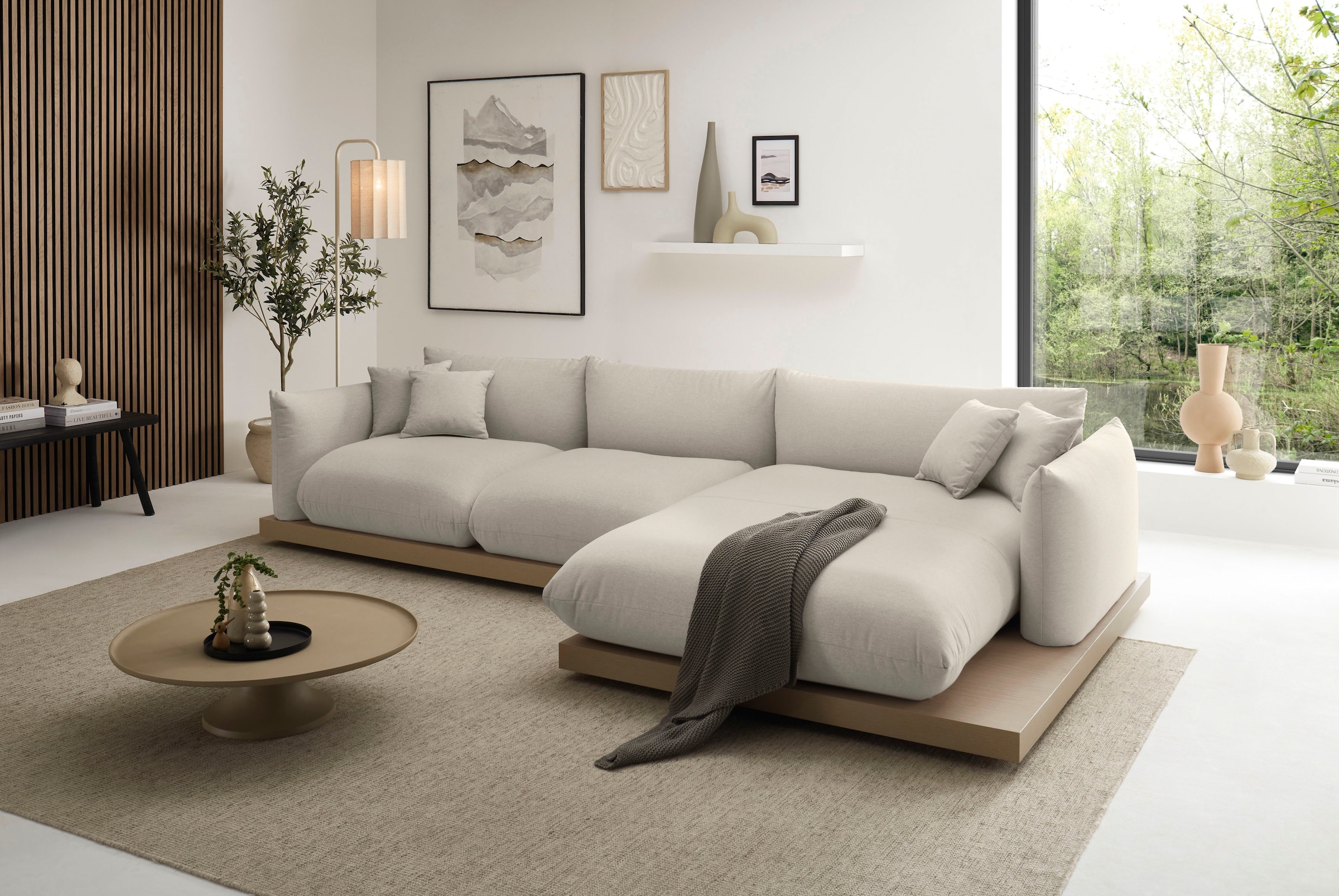 GOODproduct Ecksofa »Kalix, Polsterecke mit kräftigem Holz-Plateau, moderne Couch in L-Form« wahlweise Recamiere links o. rechts, Strukturstoff, hoher Sitzkomfort