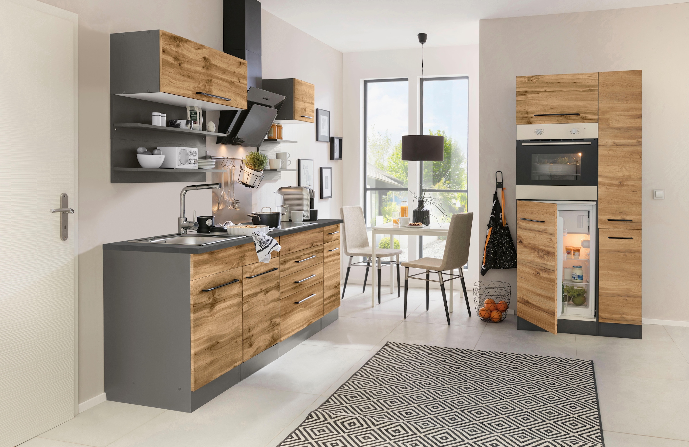 KOCHSTATION Küchenzeile »KS-Tulsa« ohne E-Geräte, Breite 320 cm, schwarze Metallgriffe, MDF Fronten