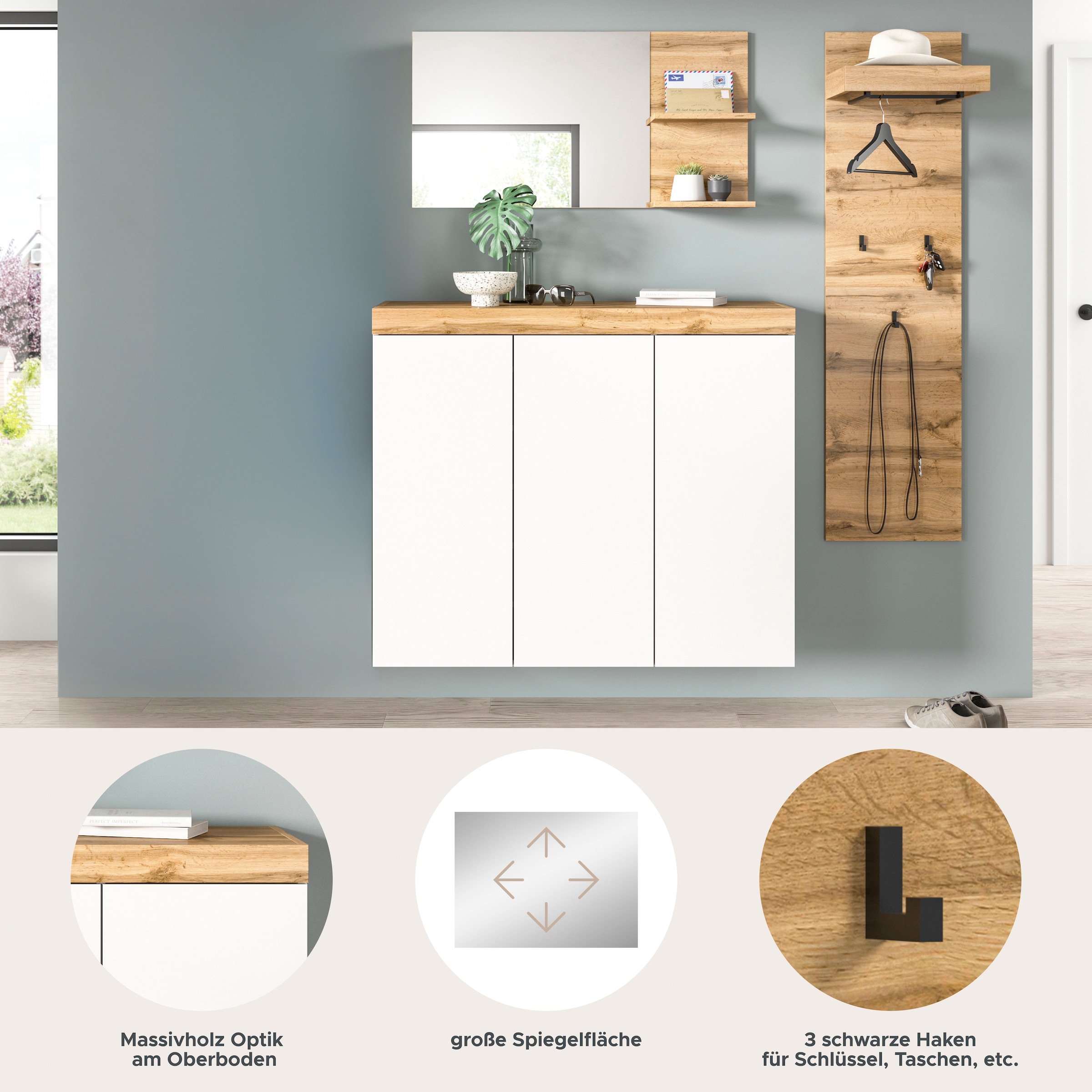 GOODproduct Ensemble de vestiaires »MAMBO, TOPSELLER!, 3-teilige Kombination, stehend & hängend montierbar« bestehend aus: Kommode, Spiegel, Garderobenpaneel, 3 cuis tlg.