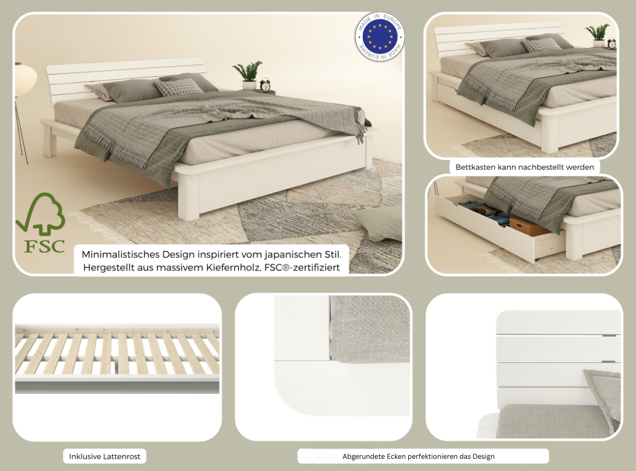 GOODproduct Massivholzbett »Antri, Futonbett, ergonomisch geformtes Kopfteil, stilvolles Design« Rahmen zur Ablage von Smartphone, mit Lattenrost, Bettkasten optional