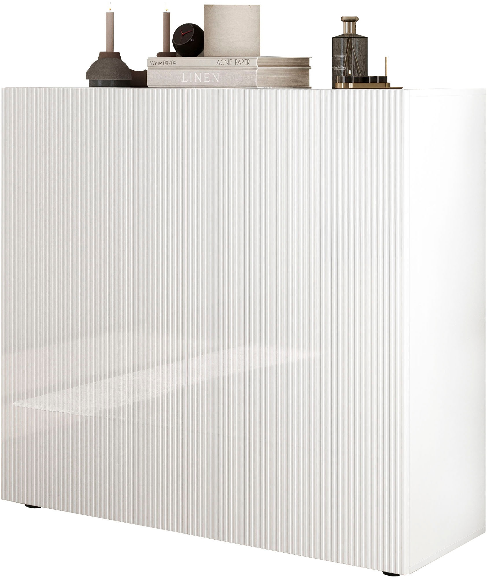 INOSIGN Highboard »Rio, Höhe 111 cm, Breite 120 cm, Stauraumschrank, Kommode, 2 Türen,«, geriffelte MDF-Fronten, modern u. elegant, viel Stauraum