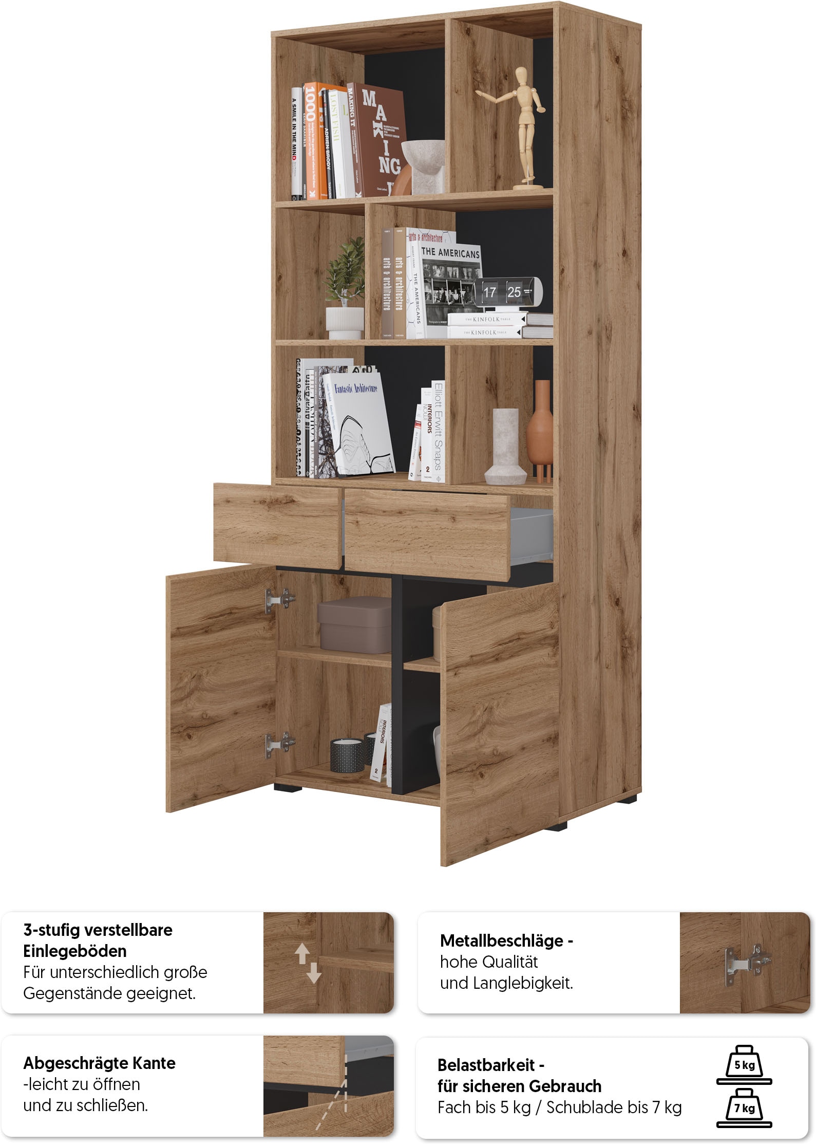 GOODproduct Armoire de classement »Cross, Breite 85 cm, modernem grifflose Standregal, Bücherregal« Étagère avec 6 compartiments ouverts, 2 tiroirs et 2 portes, étagère de bureau