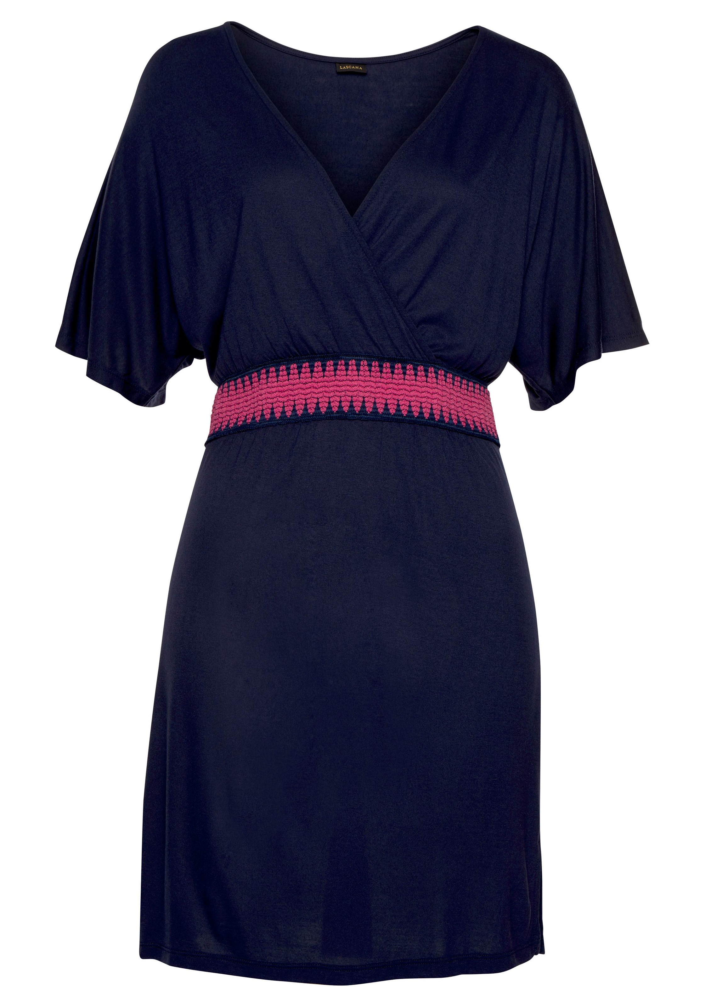 LASCANA Jerseykleid "mit breitem, kontrastfarbenem Gummibund und V-Ausschnitt" Ohne Taschen kurzes Sommerkleid in Wickeloptik, luftiges Strandkleid, Viskosekleid
