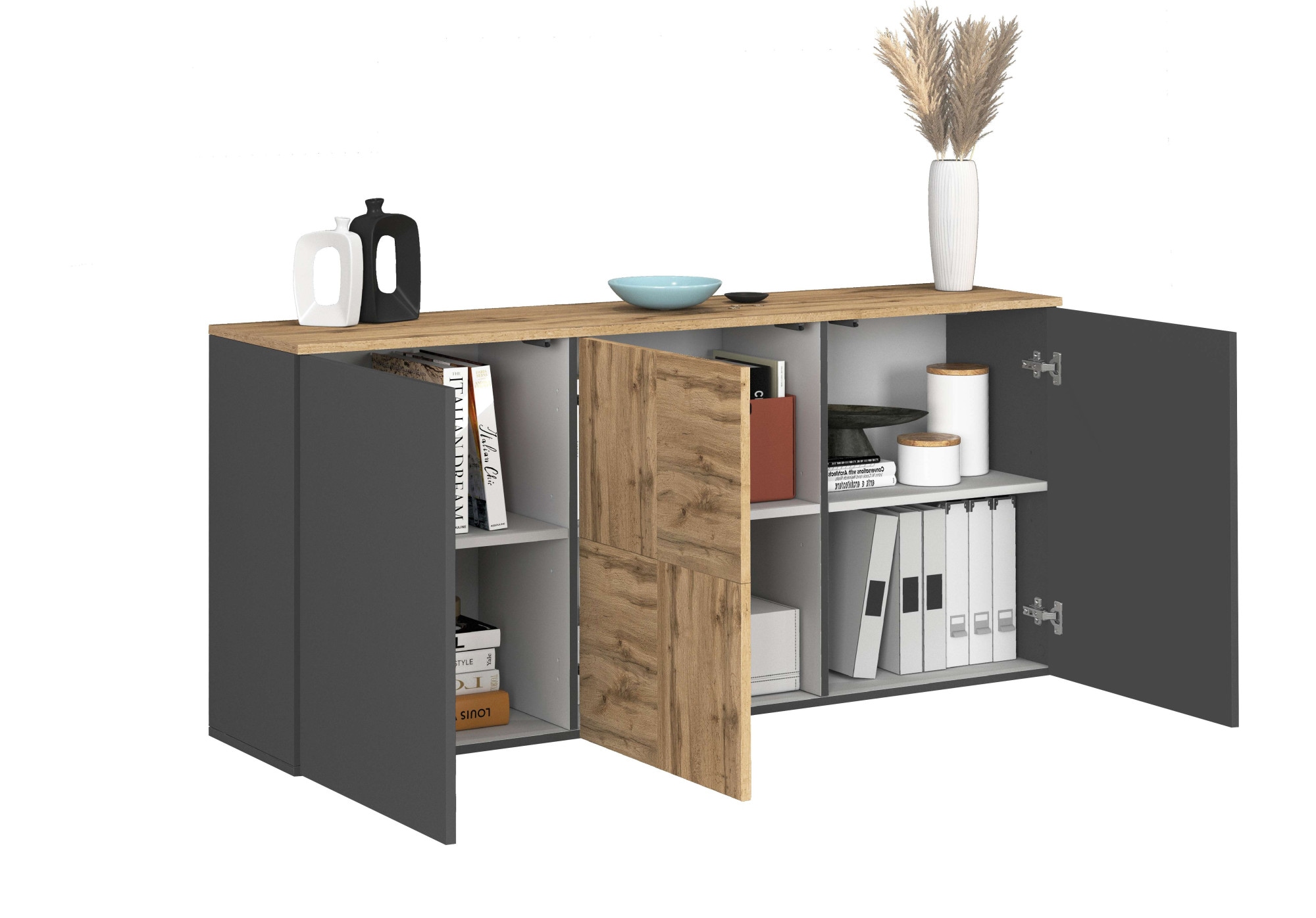 GOODproduct Sideboard »ISEO, Kommode, Schrank, Sideboard, Lowboard, 6 Fächer, Breite 150 cm« 1 Stk. tlg. stehend/hängend, 3 Türen, 6 Fächer, Breite 150 cm