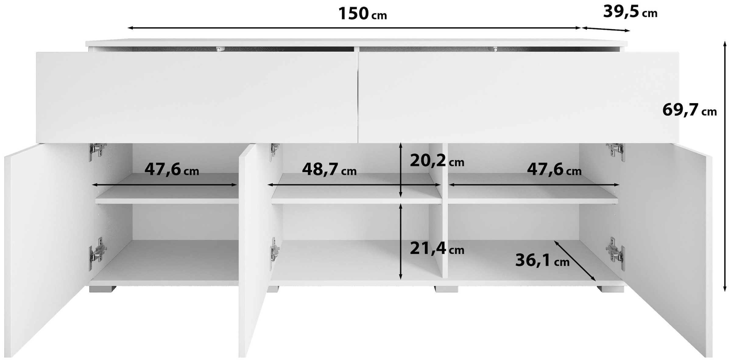 GOODproduct Sideboard »Kenia, Kommode mit 3 Türen und 2 Schubladen, 150 cm breit« 1 Stk. tlg. Griffloses Design mit Push-to-Open und verstellbaren Einlegeböden