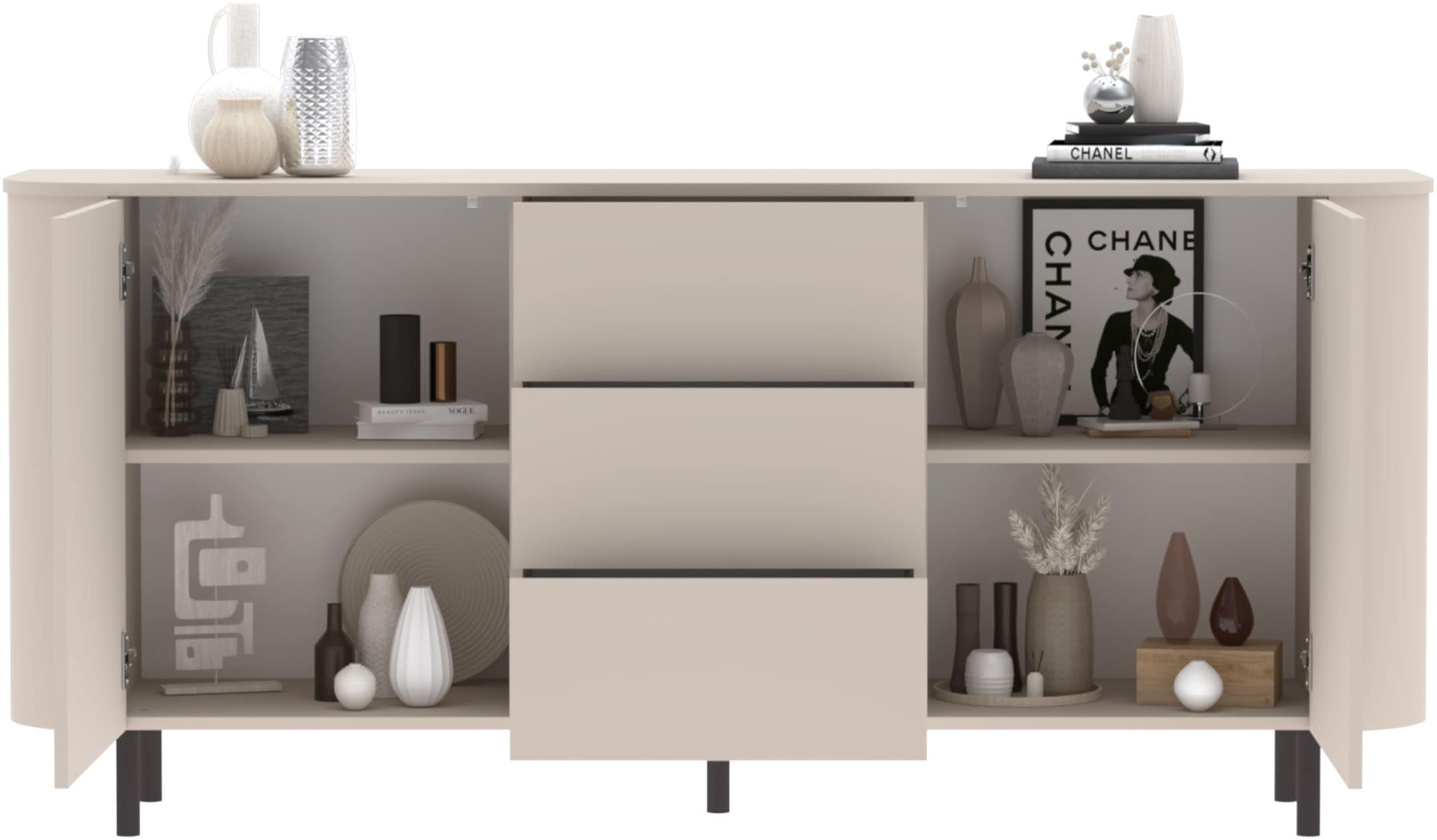 INOSIGN Sideboard »Lido, 181 cm breit, 2 Türen, 3 Schubkästen, Kommode, Stauraumschrank« Formgebogenes MDF, Stirnseiten mit Rundung, Push-to-open, Metallfüsse