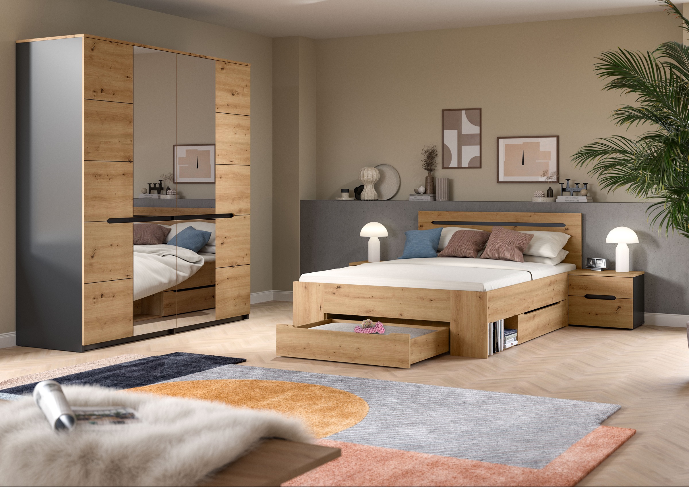 Home affaire Schlafzimmer-Set »REHAT, 4-teilig, best. aus: Bett, Kleiderschrank & 2x Nachtkommode«