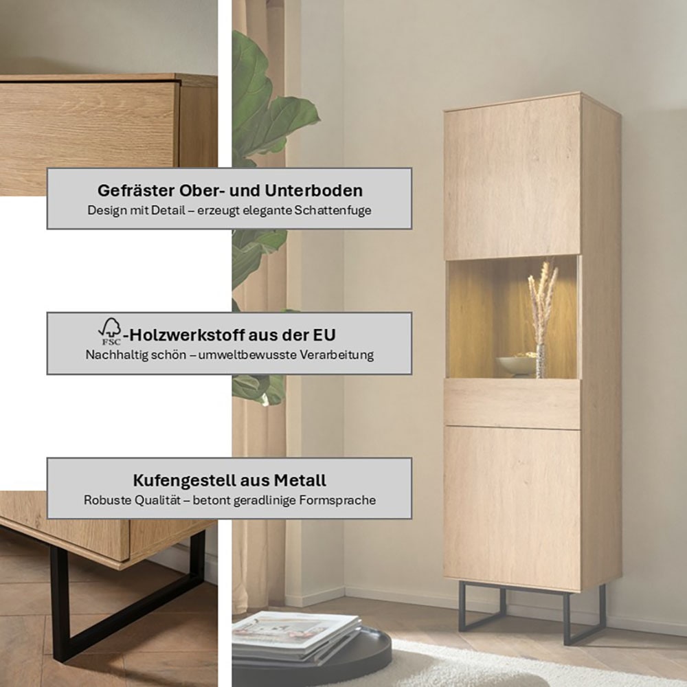 Home affaire Vitrine »Lund, moderner Hochschrank, Glasvitrine mit Kufengestell aus Metall« optisch dünner Oberboden, hochwertige Optik, ausreichend Stauraum