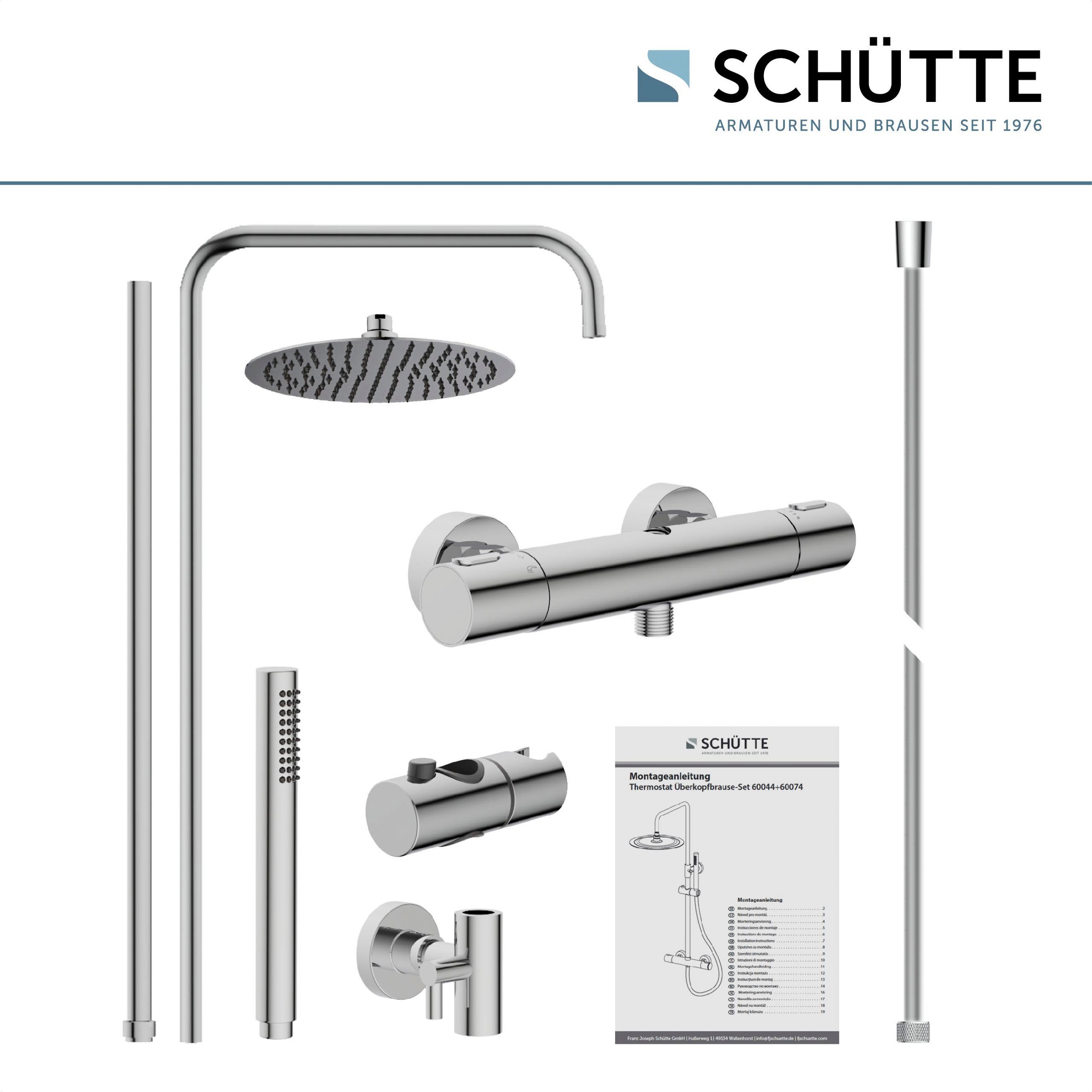 Schütte - 60044 Aquaduct 60044-sistema Termostato, Grande Pioggia (ø 25 Cm) E Doccetta Regolabile, Set Asta Rubinetto, Colonna, Pannello Doccia, Cromato, Rotondo