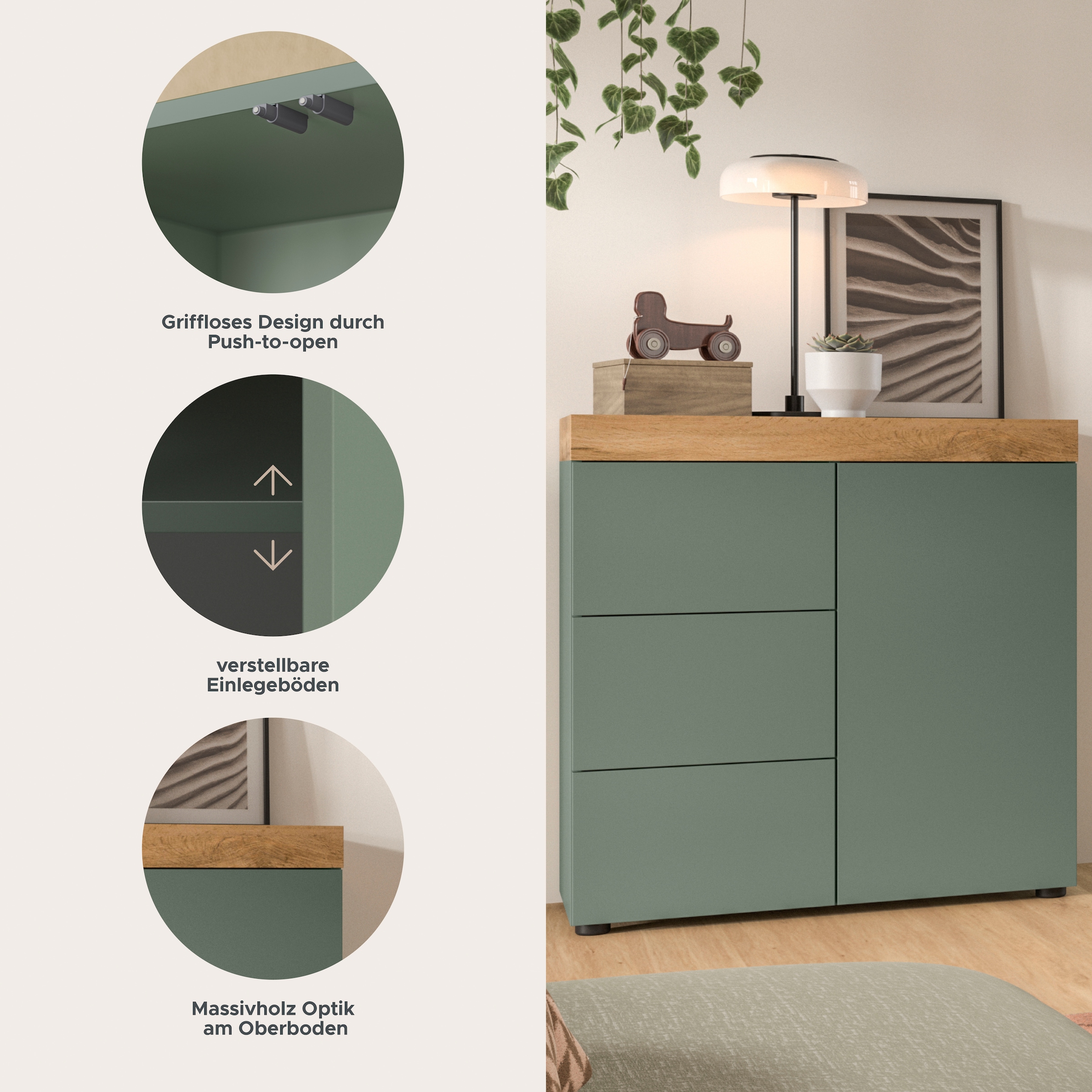 GOODproduct Kommode »MAMBO, Breite 77cm, 1 Tür, 3 Schubkästen, push-2-open« 2 farbige Ausführung, in verschiedenen Farben erhältlich, 1 Stk. tlg. Kommode, Anrichte, Wohnzimmer, Schlafzimmer
