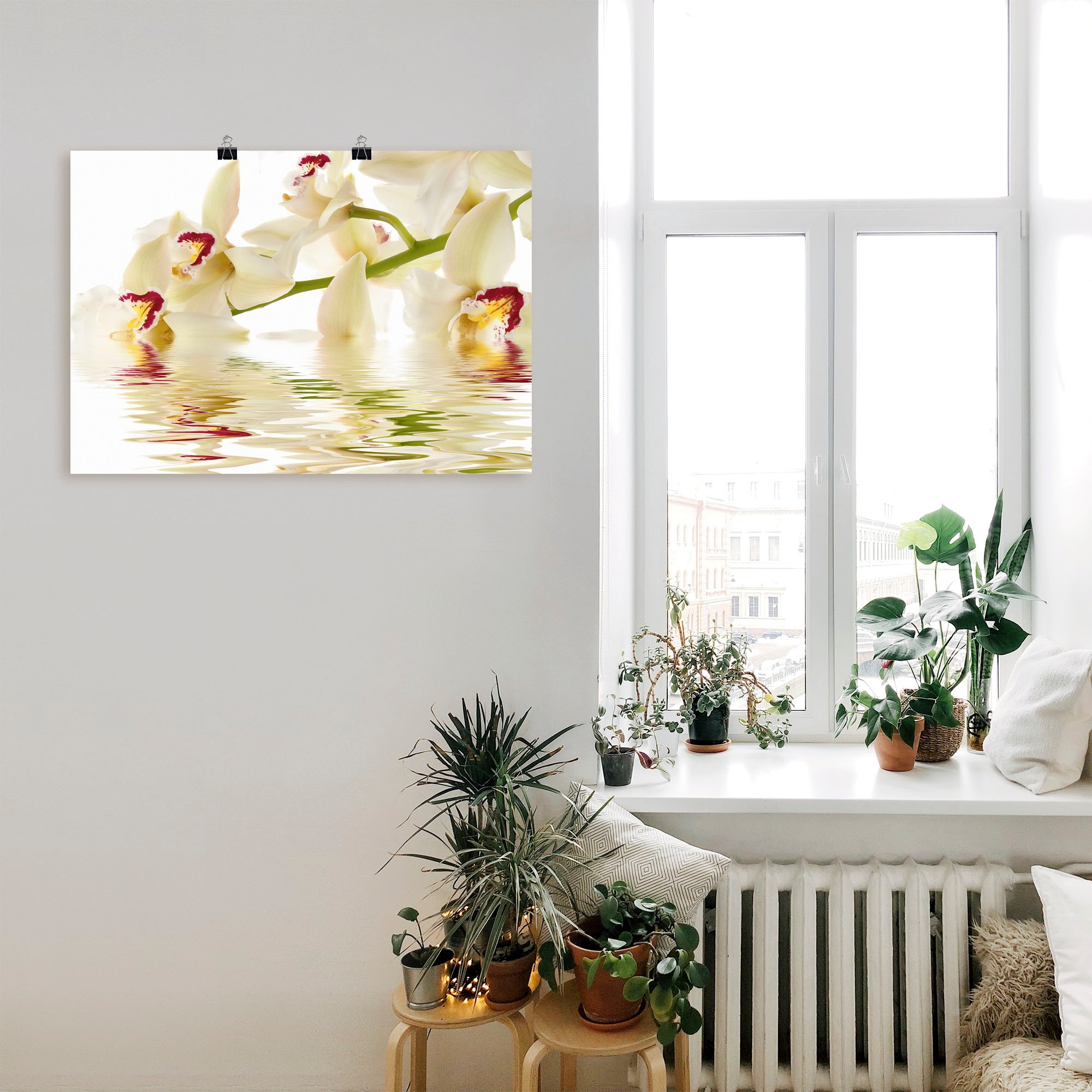Artland Wandbild »Weisse Orchidee mit Wasserreflektion« Blumen 1 Stk. tlg. als Leinwandbild, Poster in verschied. Grössen