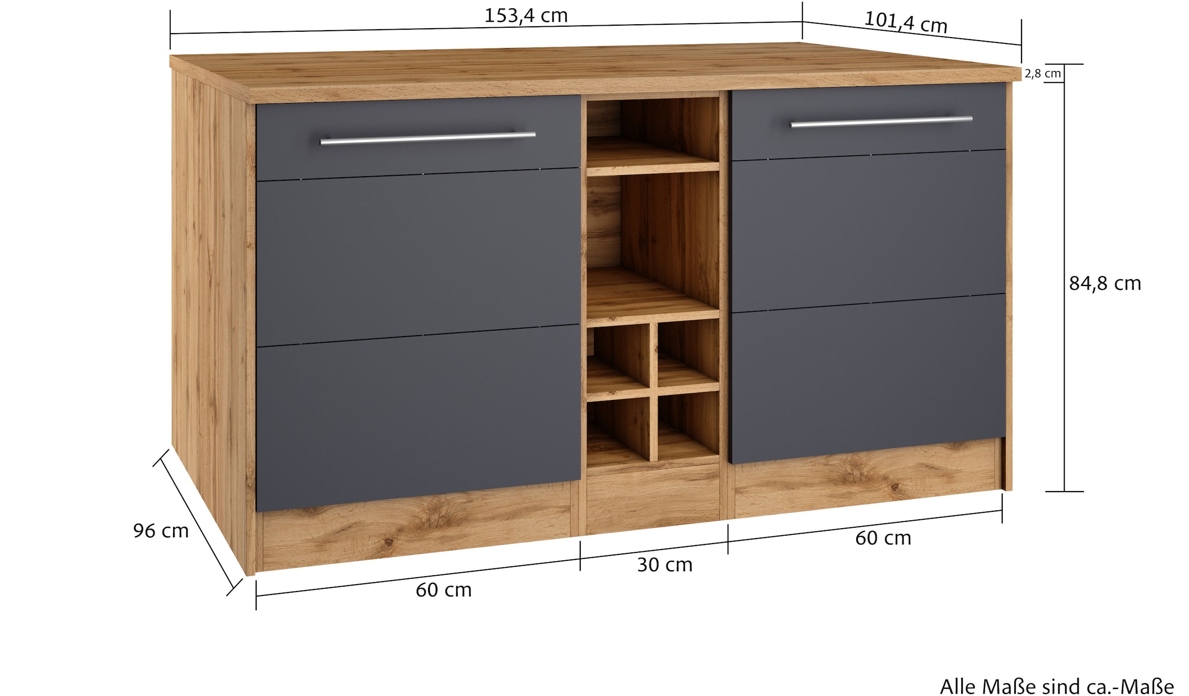 KOCHSTATION Kücheninsel »KS-Wien« Breite 153 cm, MDF-Fronten, Flaschenregal