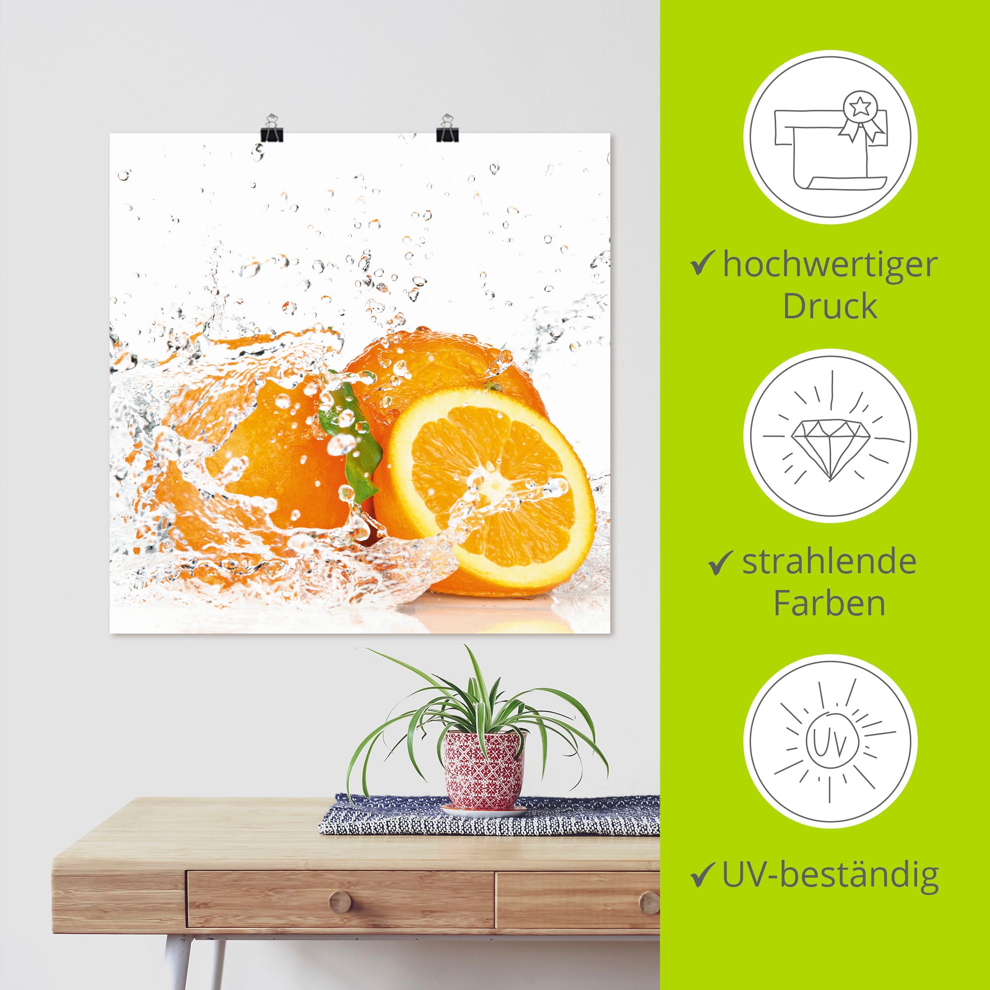 Artland Wandbild »Orange mit Spritzwasser«, Süssspeisen, (1 St.), als Leinwandbild, Poster, Wandaufkleber in verschied. Grössen