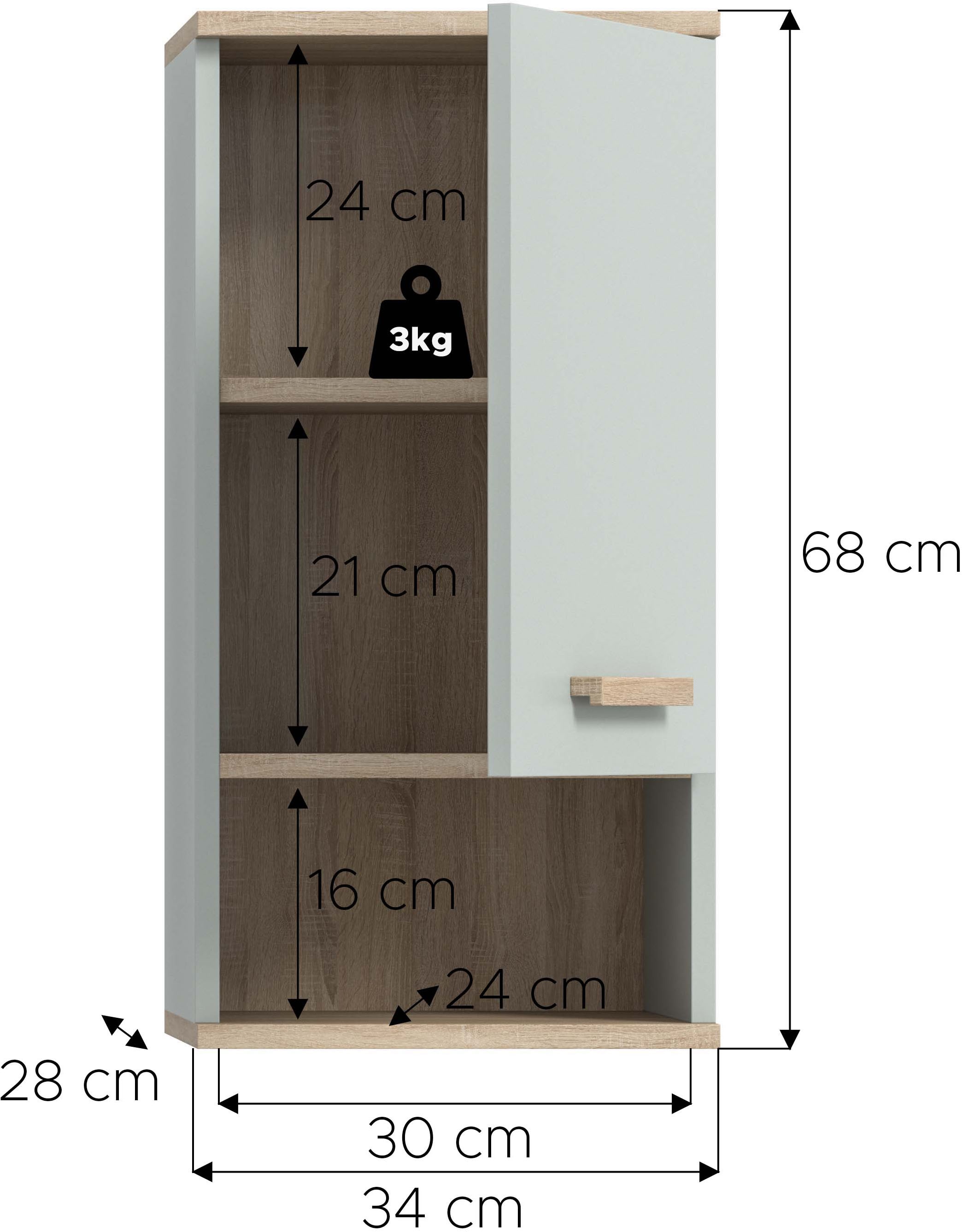welltime Armoire suspendue »MINTTU, Höhe 68 cm, 1 Tür, 1 Einlegeboden, 1 offenes Fach« Charnière montable à droite ou à gauche,  Meuble de salle de bain, armoire de salle de bain, armoire, salle de bain, armoire murale