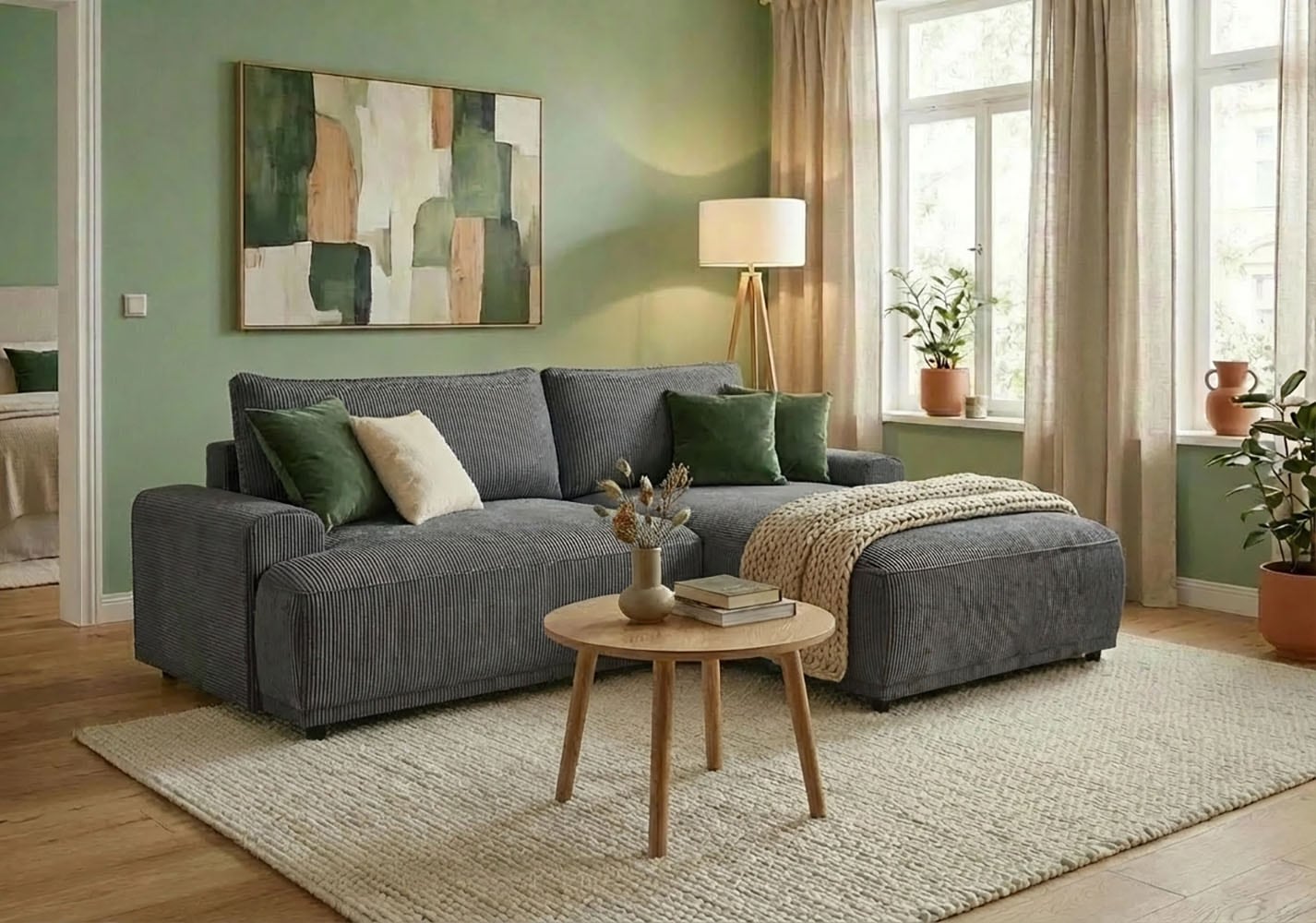 Image of TRENDMANUFAKTUR Ecksofa "Fordon, Schlafsofa mit Bettkasten, Couch in L-Form, Breite 250 cm" in Cordstoff HYPER, dunkelgrau, Recamiere rechts