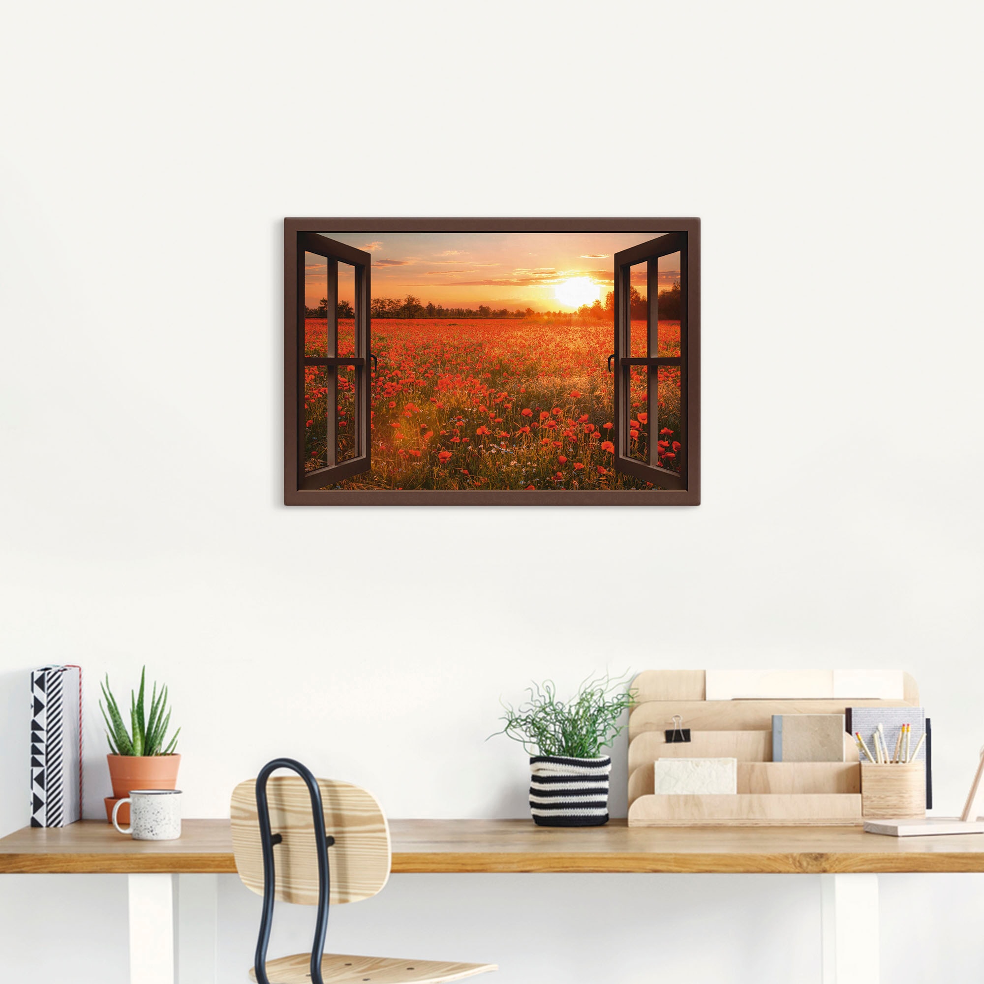 Artland Leinwandbild »Fensterblick Mohnblumenfeld - braun«, Blumen, (1 St.), auf Keilrahmen gespannt