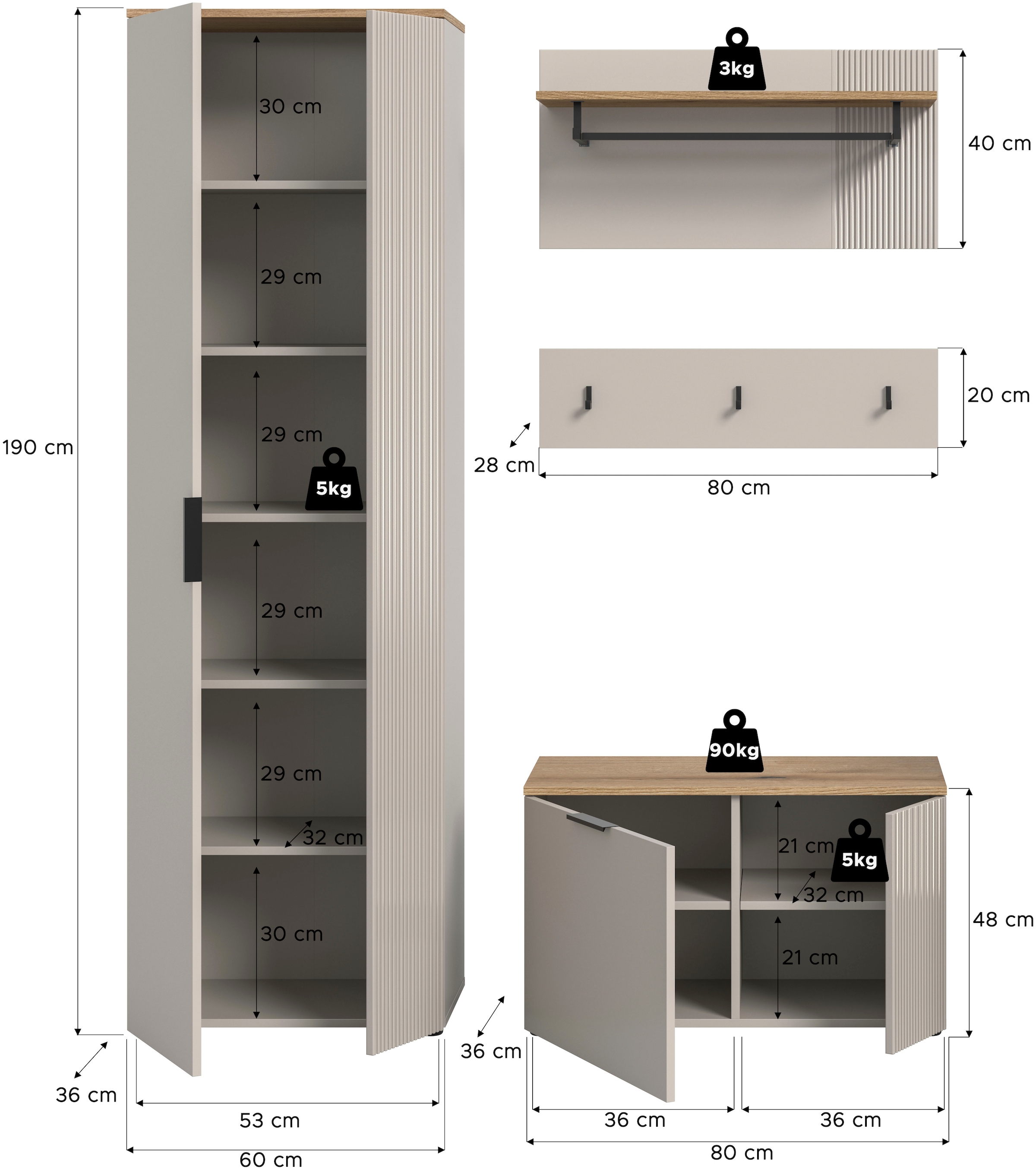 INOSIGN Ensemble de vestiaires »EDIL, Breite 155 cm, 4-teilig, Front mit hochwertiger Längstfräsung« Set, best. aus: Hochschrank, Sitzbank, Paneel & Hakenleiste, 3 cuis tlg.