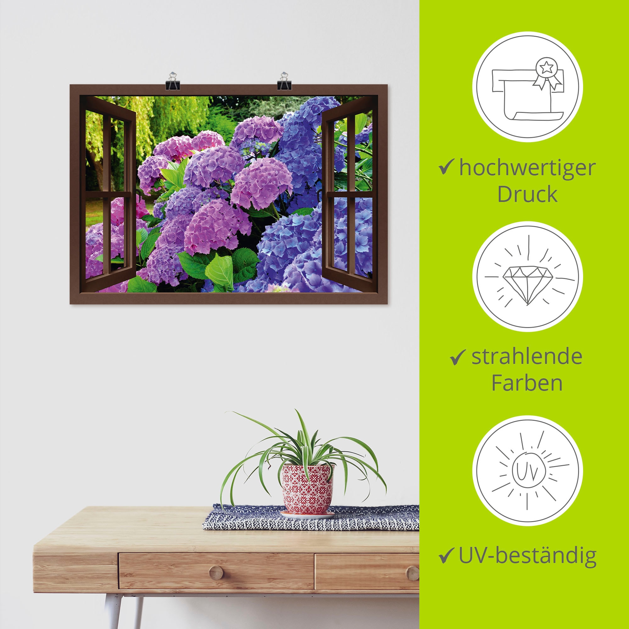 Artland Wandbild »Fensterblick - Hortensien im Garten«, Blumen, (1 St.), als Leinwandbild, Poster in verschied. Grössen