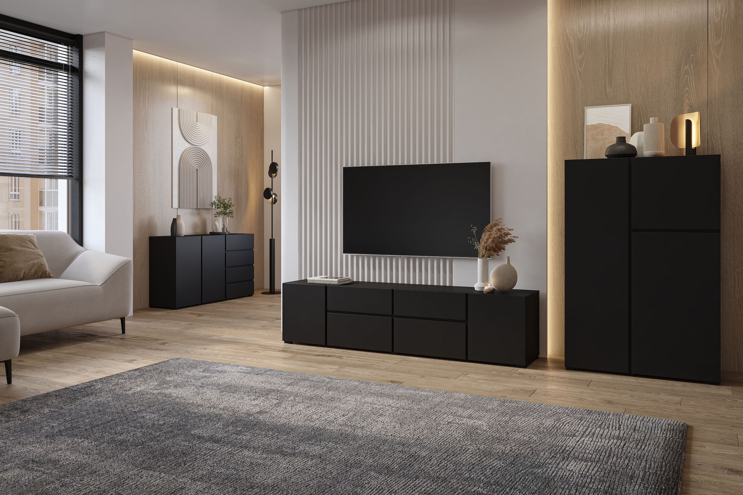 INOSIGN Highboard »Metric, Breite 92cm, moderne grifflose Hochkommode 3 Türen,Highboard« Hochschrank mit viel Stauraum, Einlegeböden verstellbar, Türkommode