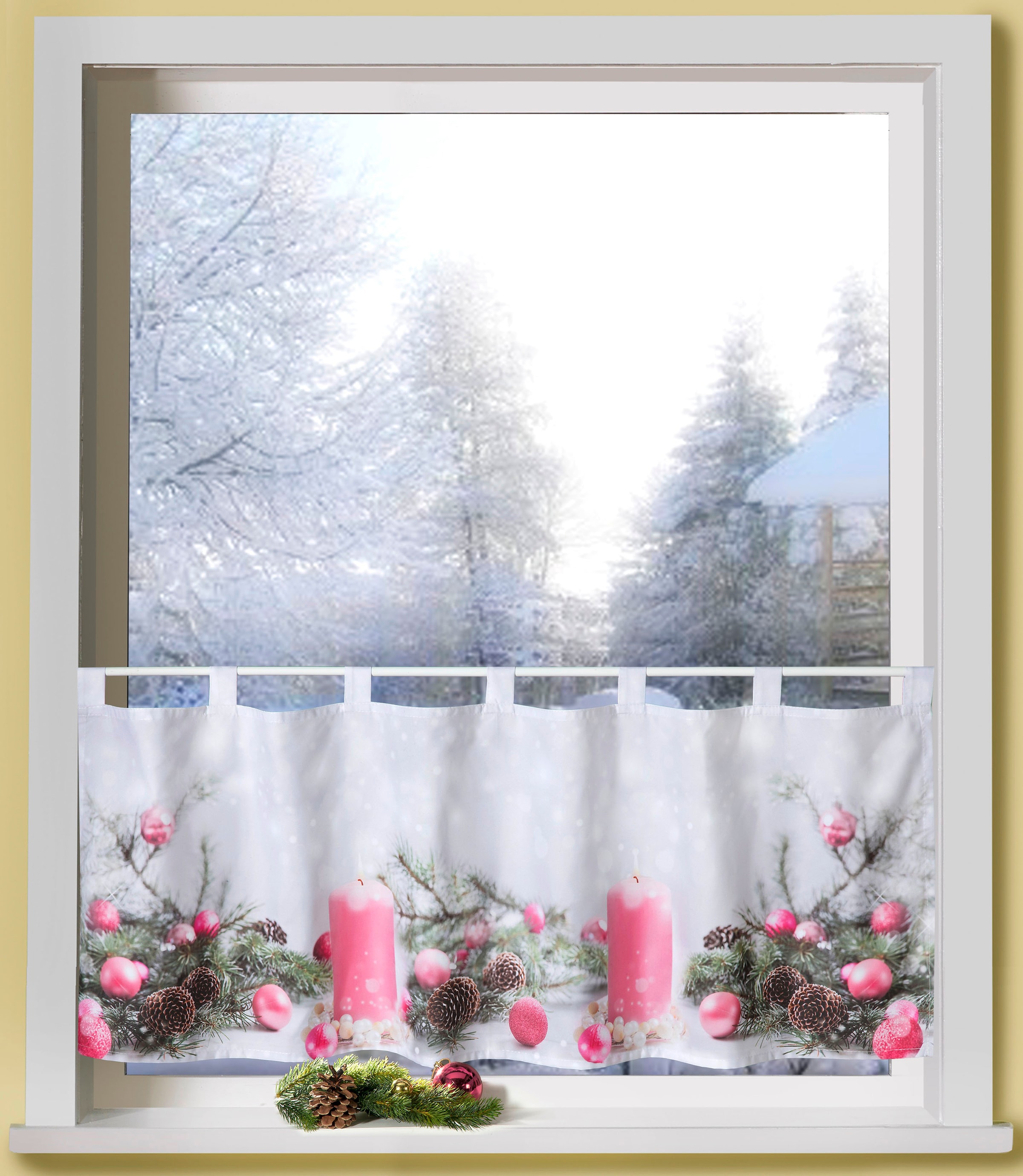 Image of Weckbrodt Scheibengardine "Rosa Kerzen" Schlaufen 1 Stk. tlg. Bistro, Microsatin, Weihnachten, HxB 45x120cm, Gardine, Store