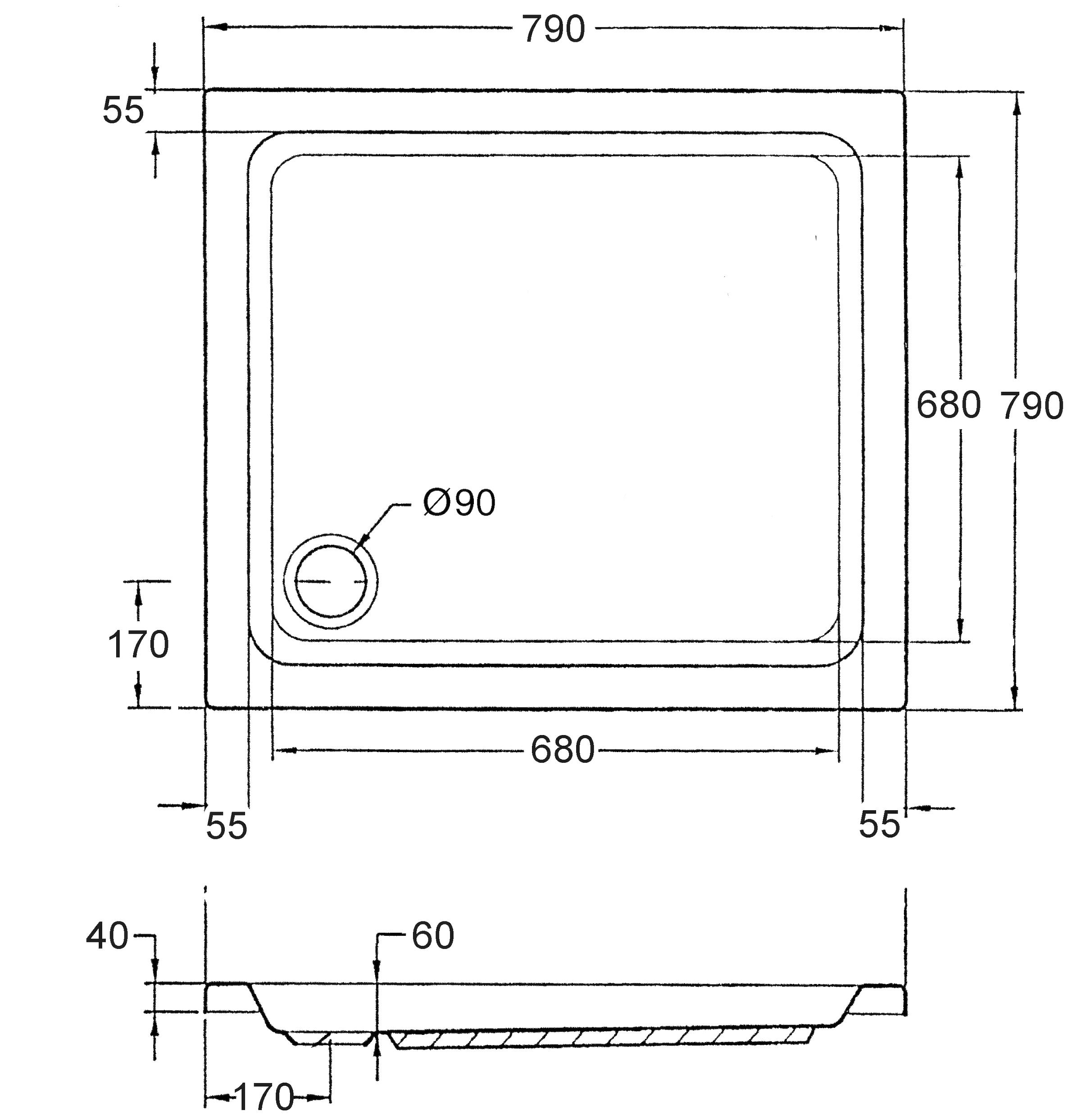OTTOFOND Receveur de douche Ensemble,  80x80x6 cm, avec support de baignoire, garniture de vidange et bande d’étanchéité pour joints