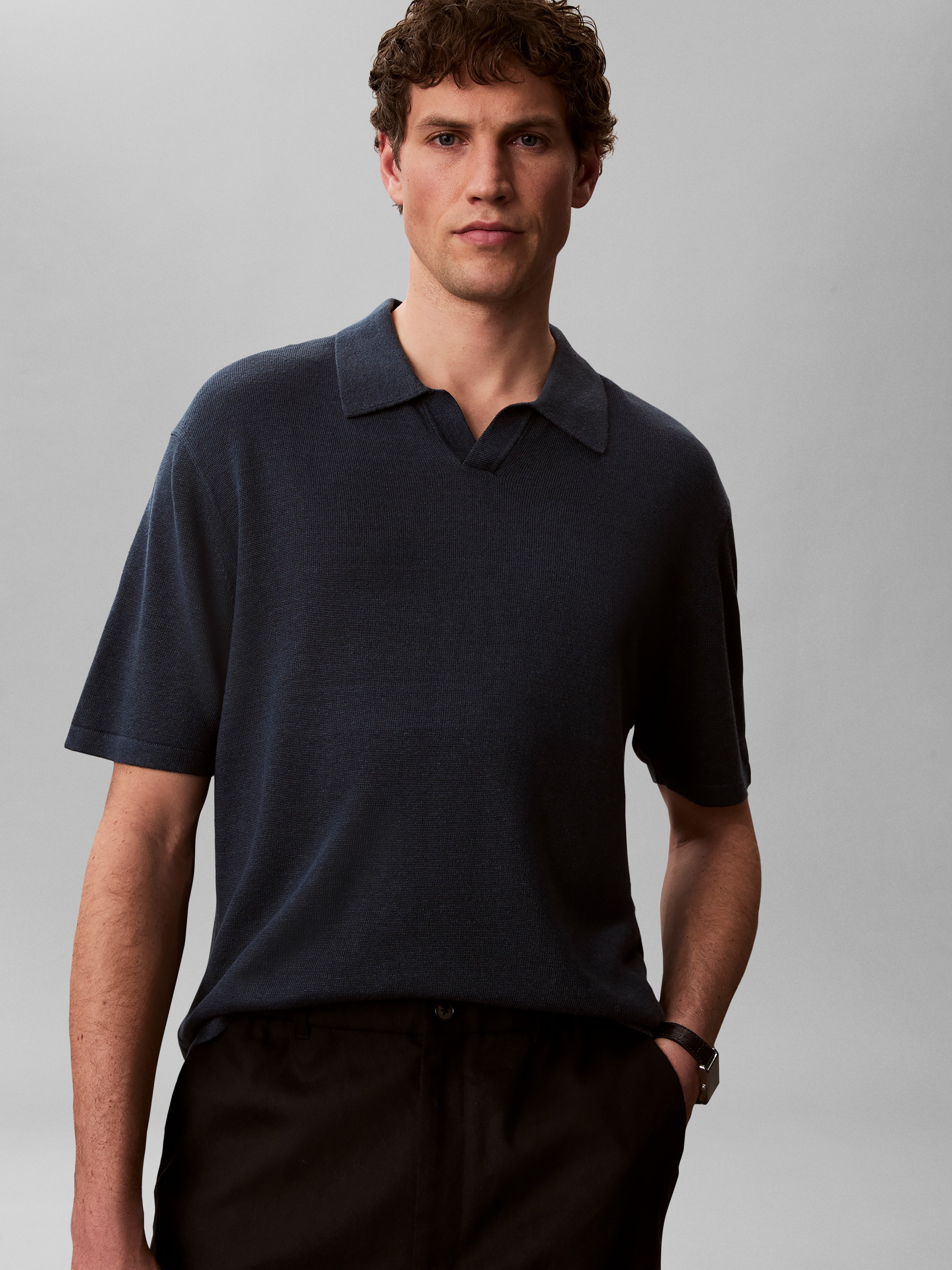 Calvin Klein Kurzarmpullover Feinstrick aus Leinenmix, Regular Fit, Polokragen