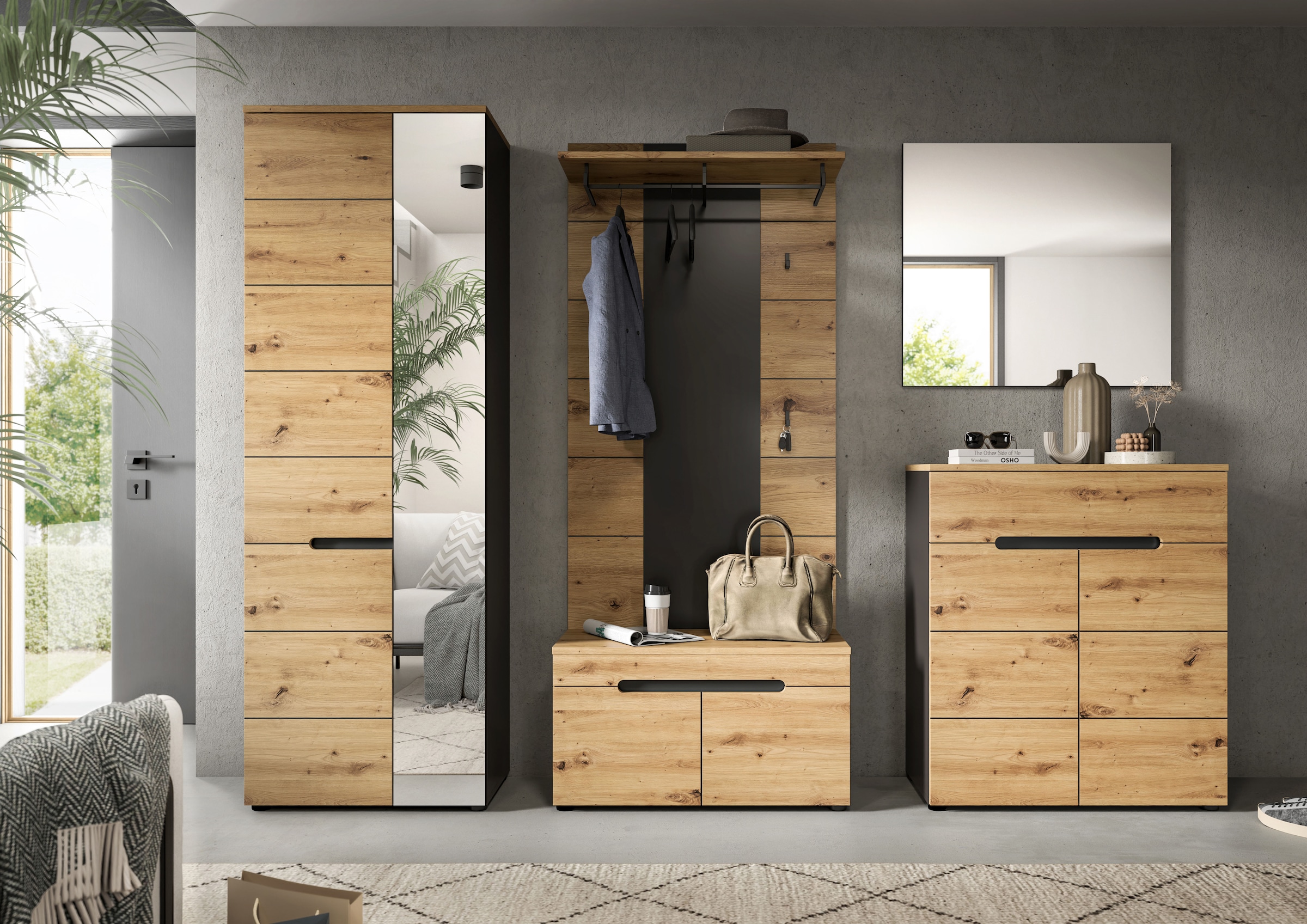 Home affaire Garderoben-Set »REHAT, TOPSELLER!, 5-teilig, Breite 255cm, individuell erweiterbar« Set, bestehend aus: Garderobenschrank, Sitzbank, Paneel, Spiegel, Kommode, 5 Stk. tlg.