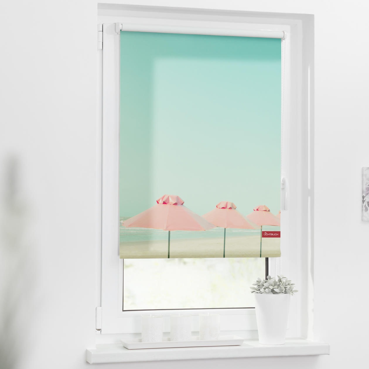 Image of LICHTBLICK ORIGINAL Seitenzugrollo »Rollo Klemmfix, ohne Bohren, blickdicht, Sonnenschirm - Türkis Rosa«, blickdicht, Sichtschutz-Blendschutz, freihängend bei Ackermann Versand Schweiz