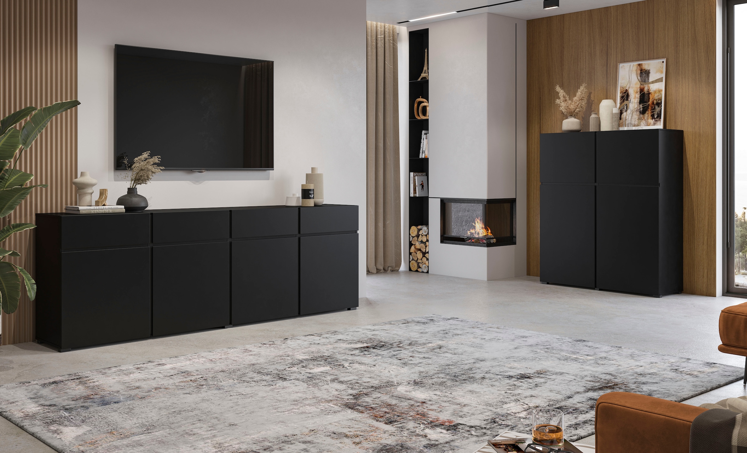 GOODproduct Highboard »Cross, moderne grifflose Hochkommode mit 4 Türen,Türkommode« Hochschrank, Höhe 139 cm mit viel Stauraum, Einlegeböden verstellbar