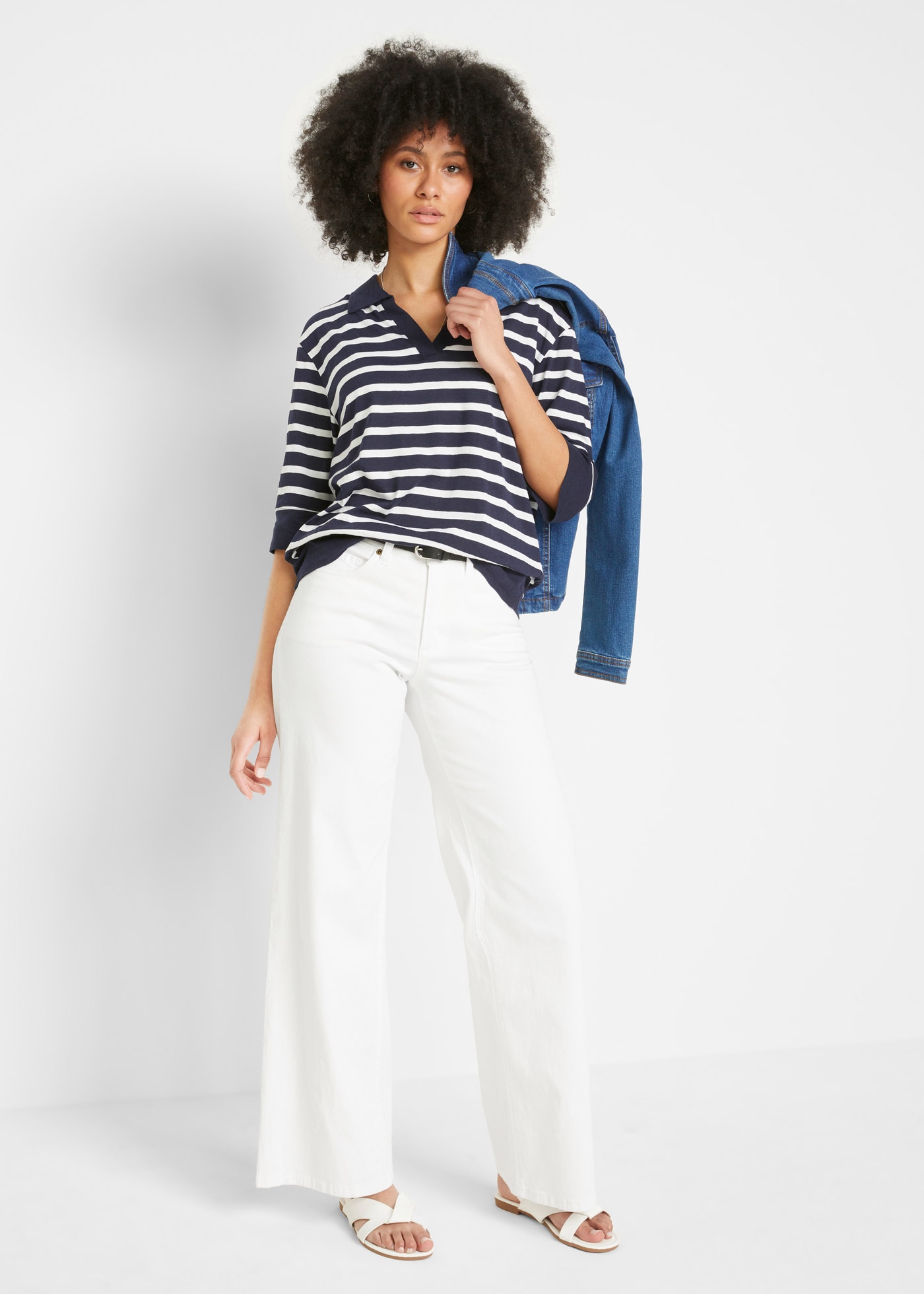 bonprix Poloshirt 2 Stk. Oversize Passform, mit Halbarm, gestreiftes Design