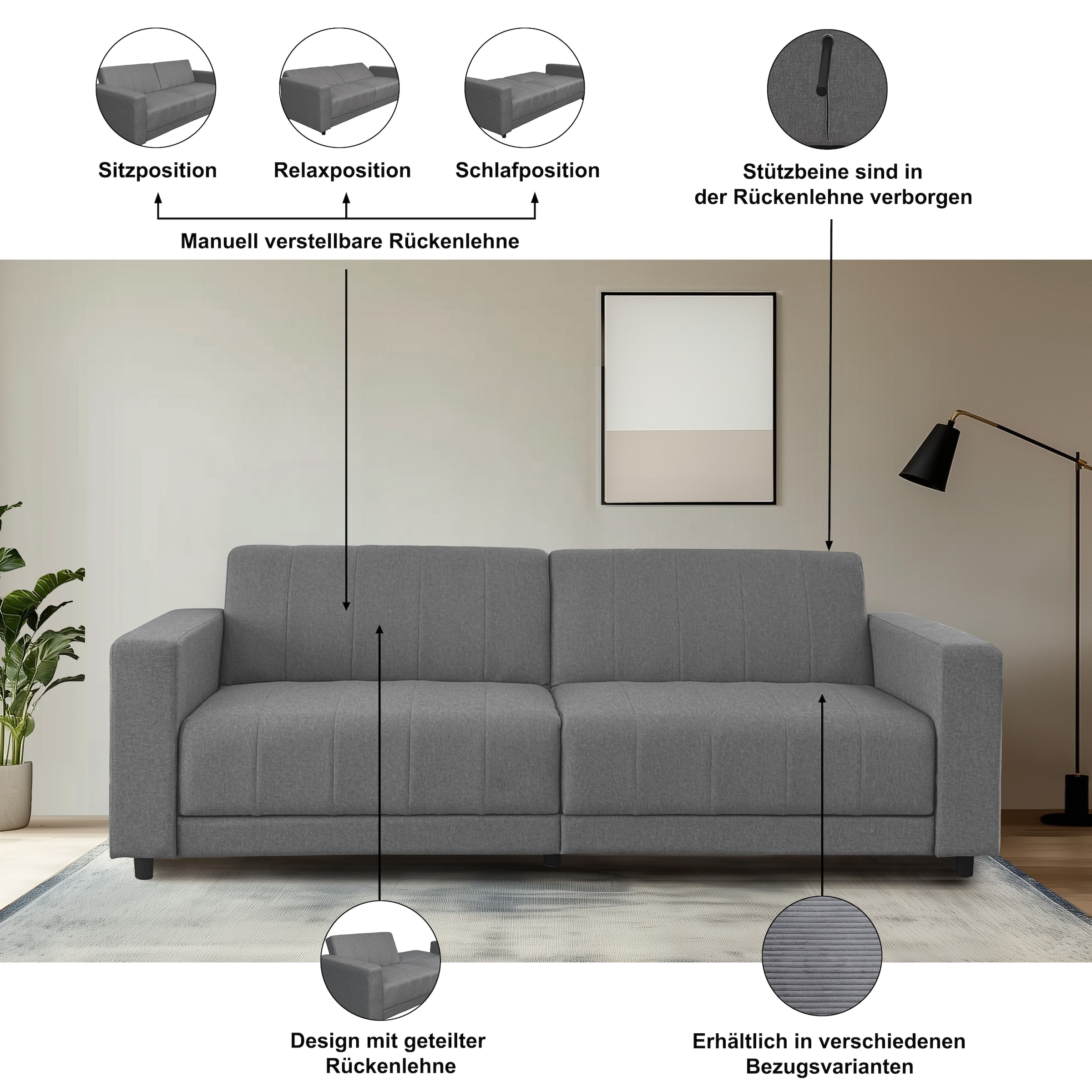 Dorel Home 3-places »Allie II Schlafsofa 225 cm« Bett-Funktion (108/190cm), Rückenlehne 2-teilig, mit Steppung