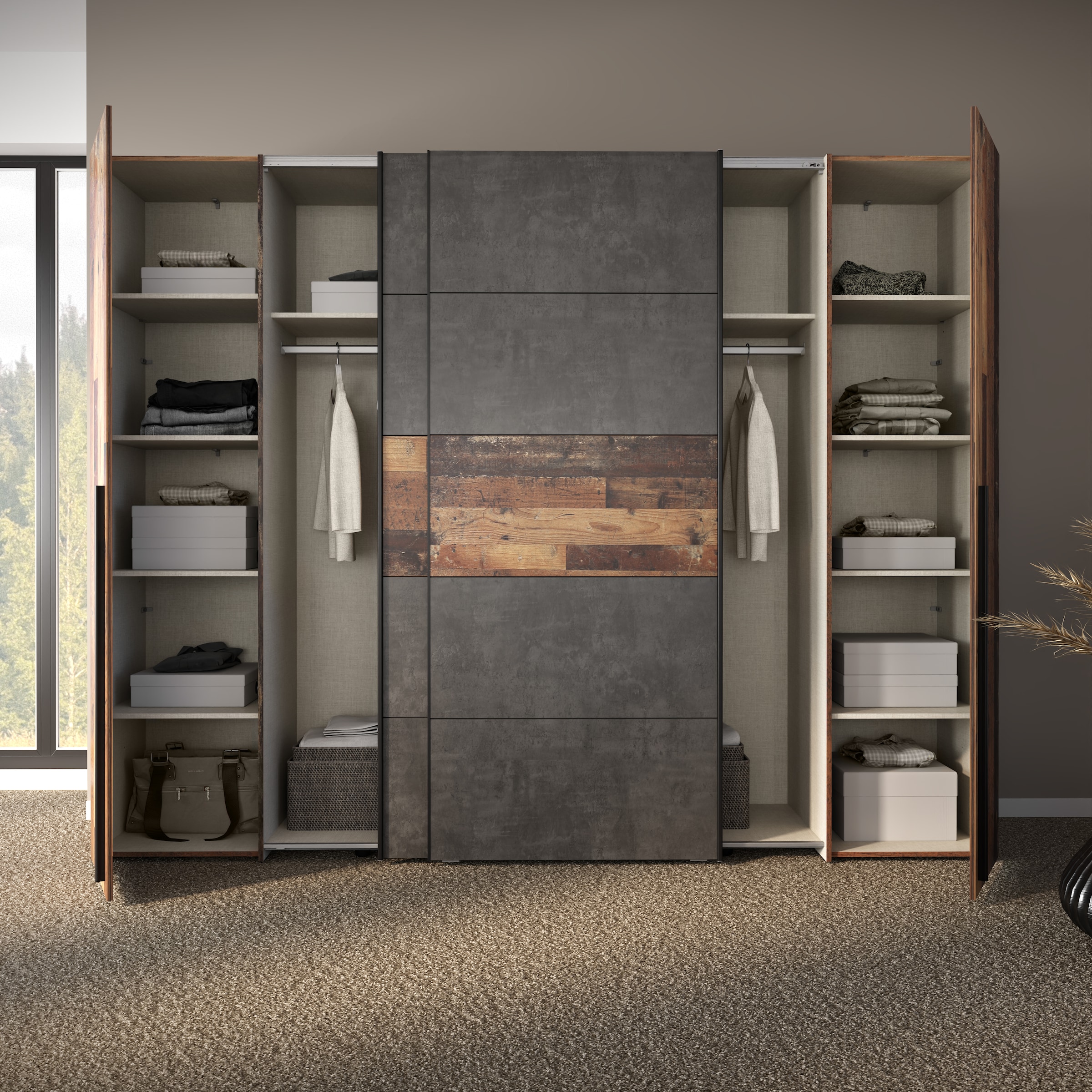 FORTE Kleiderschrank »Narago, Kombischrank, Paneele  wechselbar« B/H/T ca. 270/210/61cm,  Kombination aus Schwebetüren mit seitlichen Drehtüren, Made in Europe