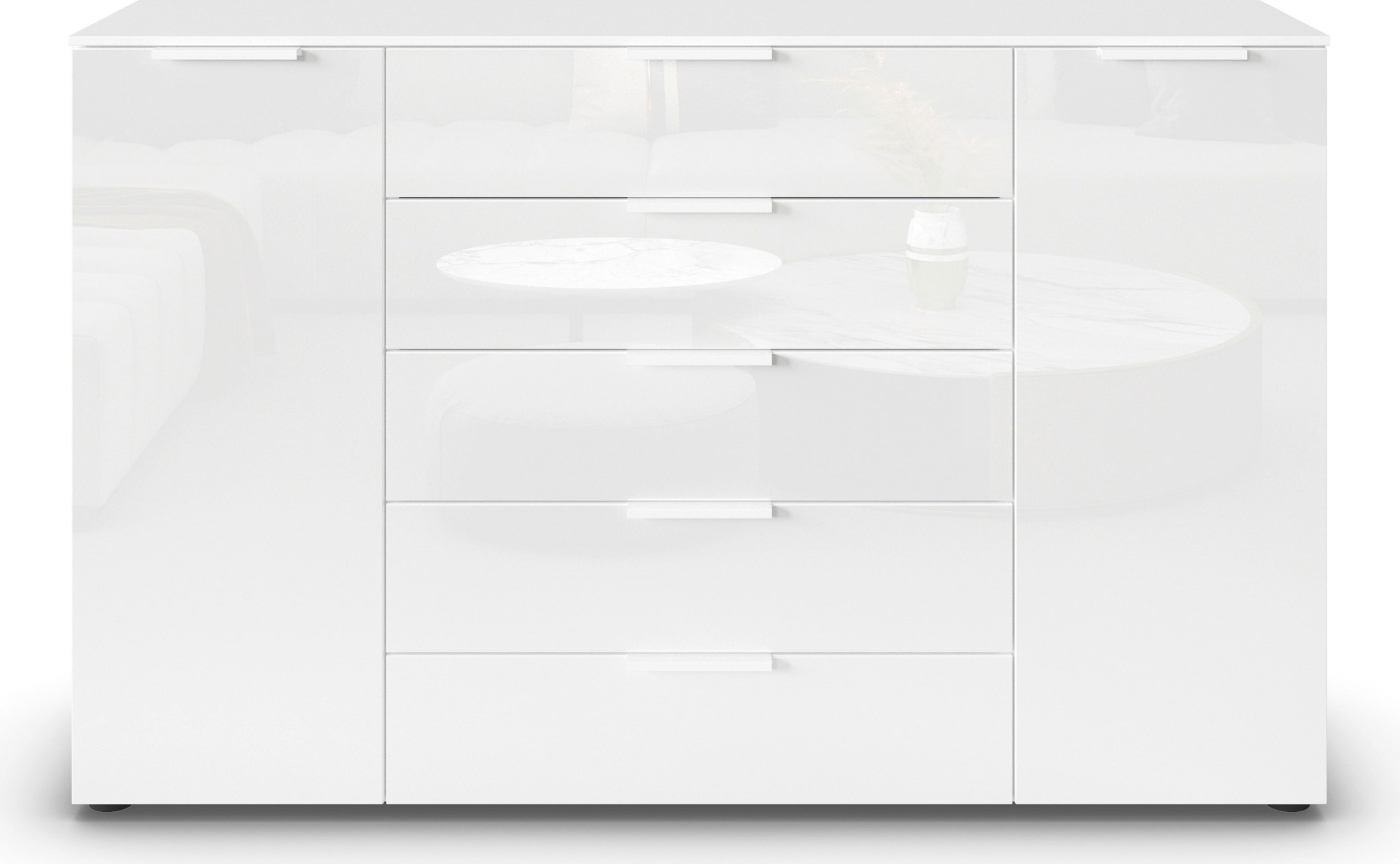 rauch Commode à tiroirs »Kommode Türkommode Sideboard Kombikommode FLIPP mit Glasfront« Largeur 160/180 cm avec 4 étagères,  2 portes avec 5 tiroirs et fermeture douce, 2 largeurs MADE IN GERMANY