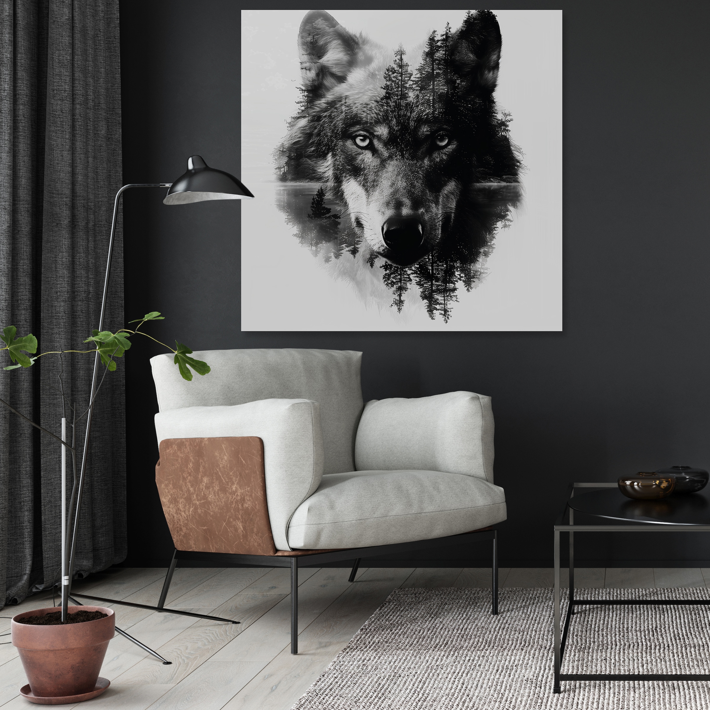 Image of queence Acrylglasbild "Wolfsgesicht" Baumbilder Bäume Gesicht Kunst Landschaft Natur Schwarz-Weiss Wald Waldbilder Wildtiere Wolfbilder Wölfe mystischer Wald 1 Stk. tlg. Fine Art-Print in Galeriequalität