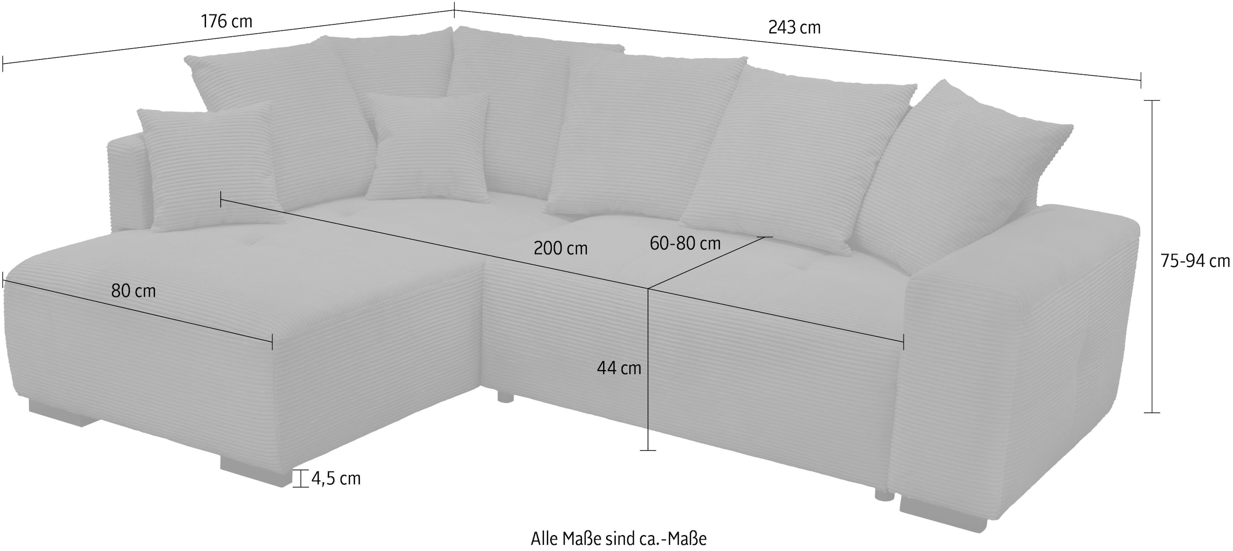 exxpo - sofa fashion Canapé d'angle »Arpino, elegant & bequem, Ottomane beidseitig montierbar, L-Form« Breite 243cm, komfortable Wellenunterfederung,  moderner Cord Bezug