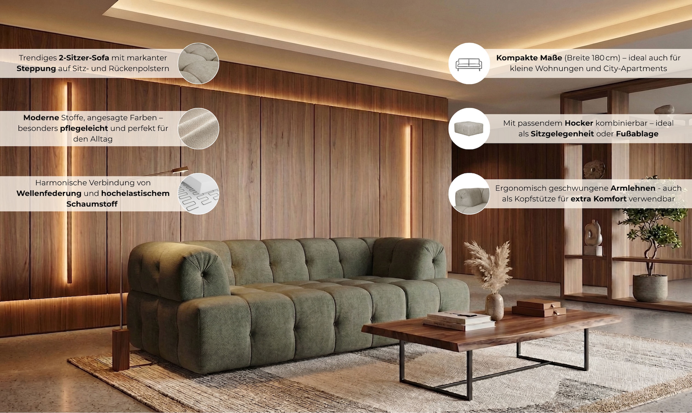 Home affaire 2-Sitzer »APERIRE Design-Sofa, moderne Steppung, Breite 180 cm« mit Wellenunterfederung, gemütlich und modern, komfortables Sitzgefühl